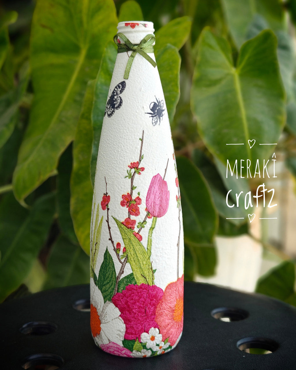 Upcycled Decorative Decoupaged Glass Bottle – Blooming Garden Bliss