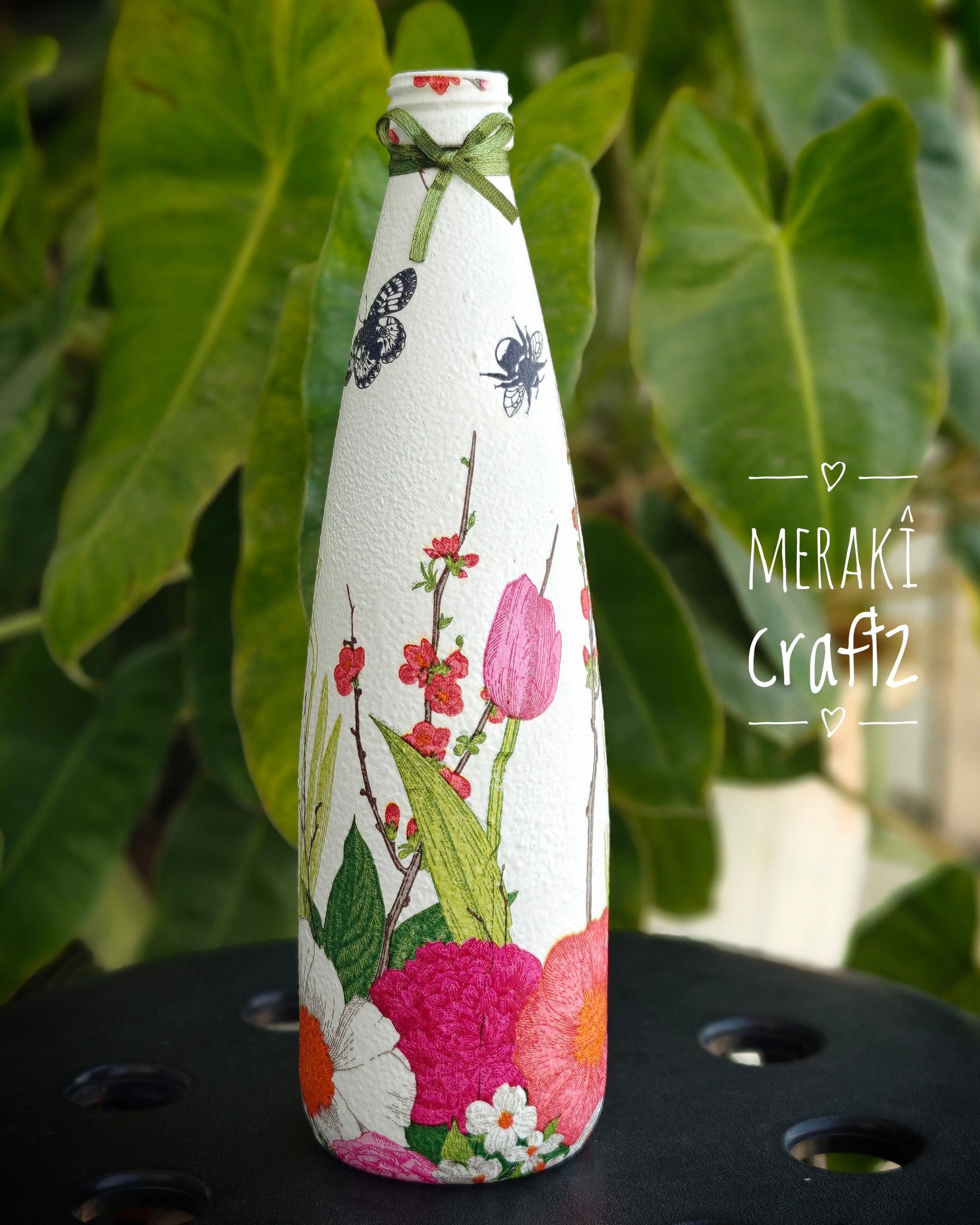 Upcycled Decorative Decoupaged Glass Bottle – Blooming Garden Bliss