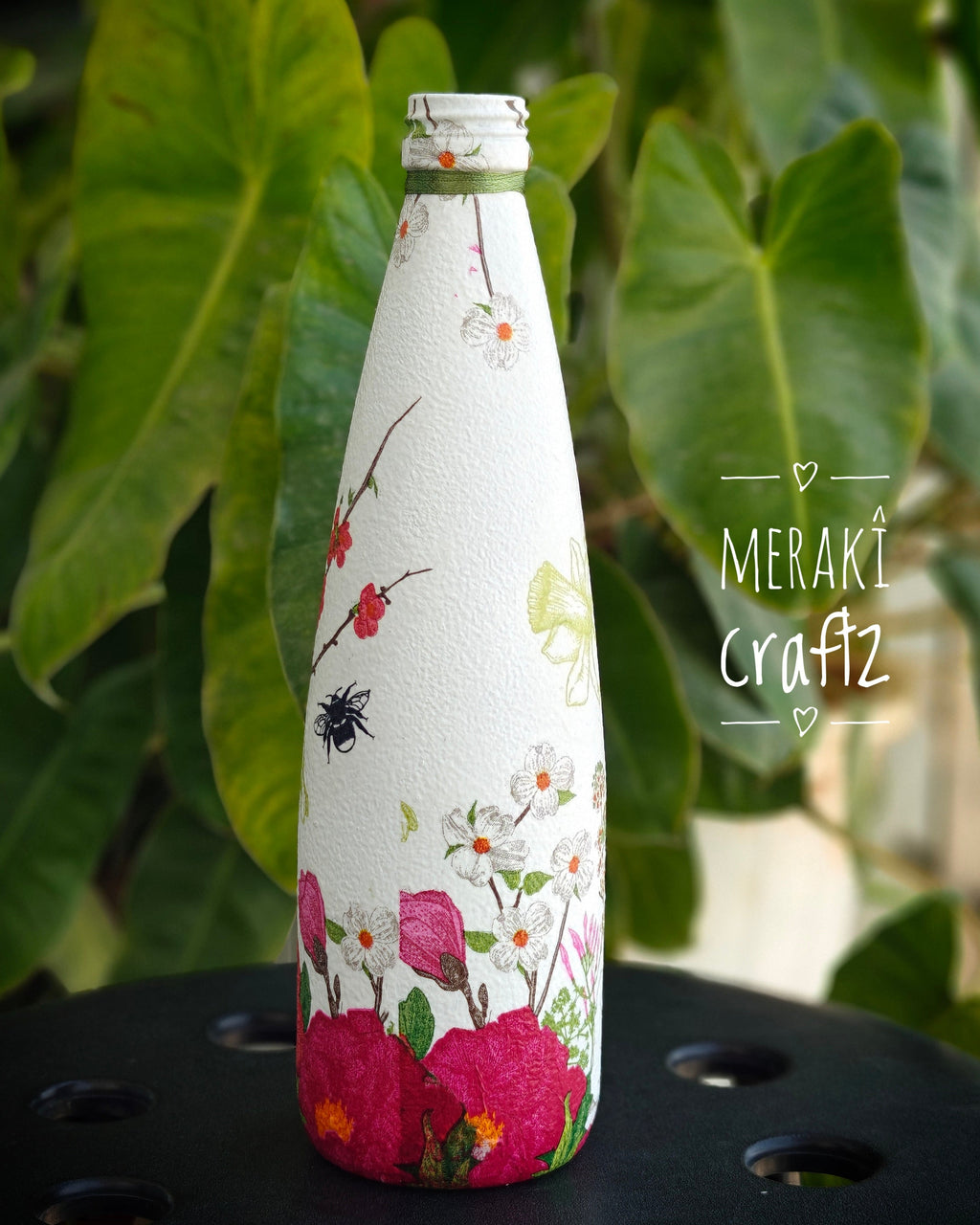 Upcycled Decorative Decoupaged Glass Bottle – Blooming Garden Bliss