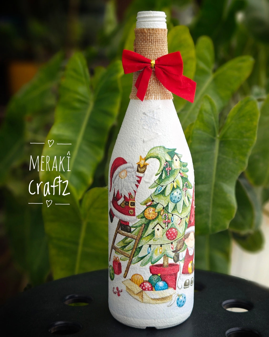 Upcycled Decorative Decoupaged Glass Bottle – Santa’s Christmas Tree Magic