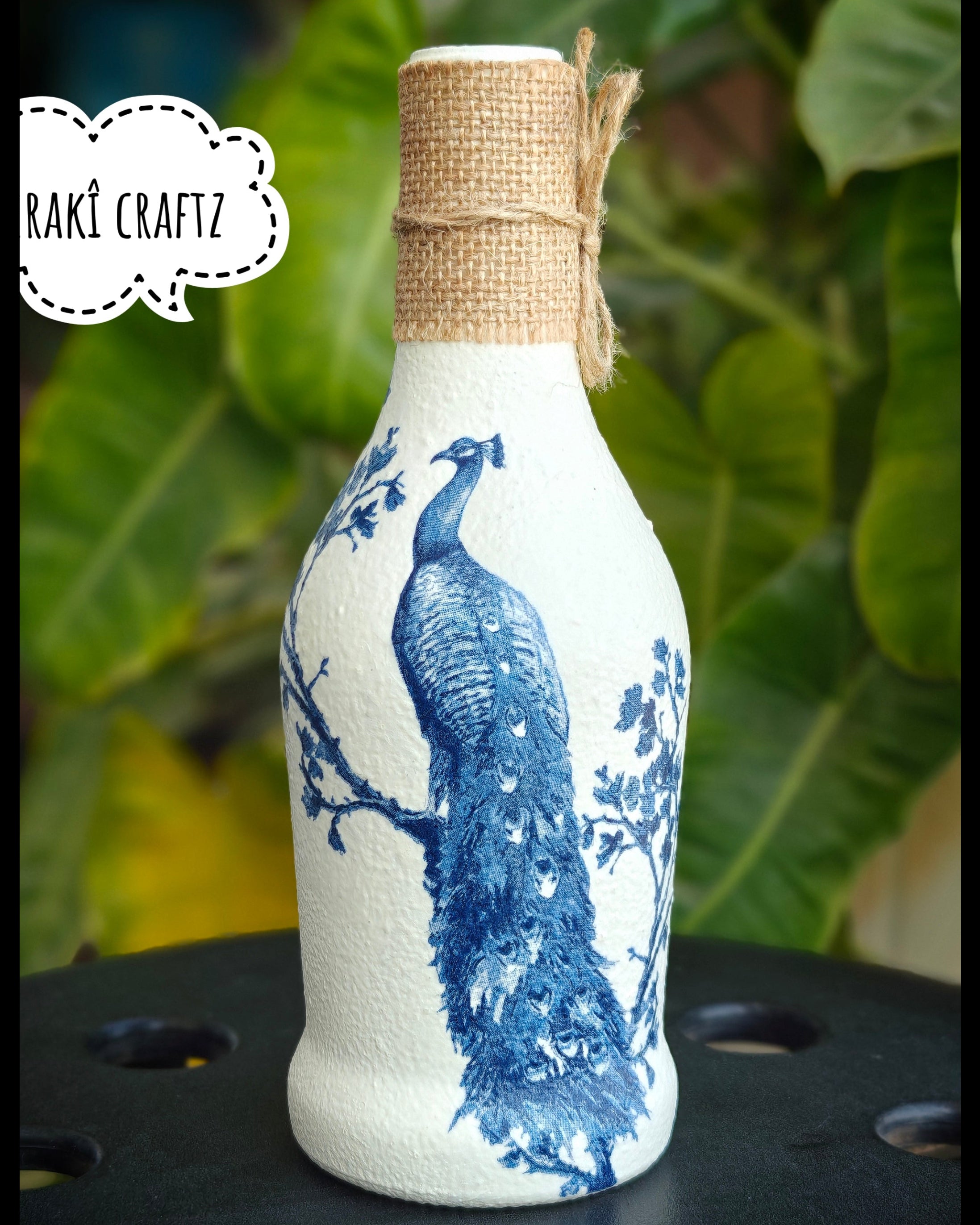 Upcycled Decorative Decoupaged Glass Bottle – Peacock Elegance