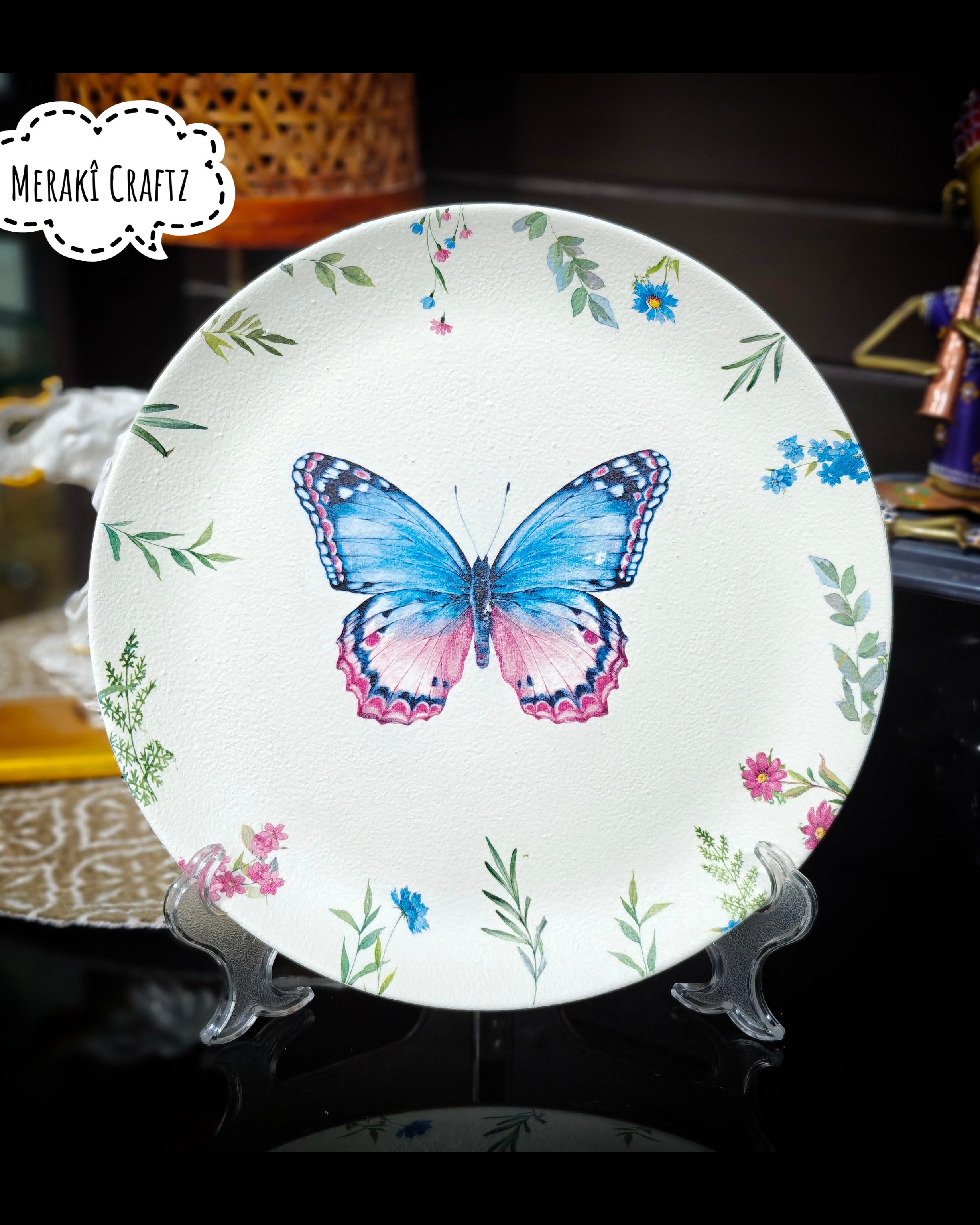 Handcrafted Decoupaged Glass Decorative Plate – Butterfly Serenity