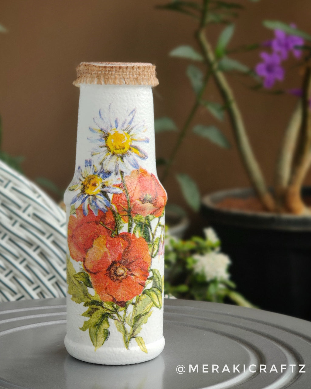 Handcrafted Upcycled Decoupaged Glass Bottle – Wildflower Bloom