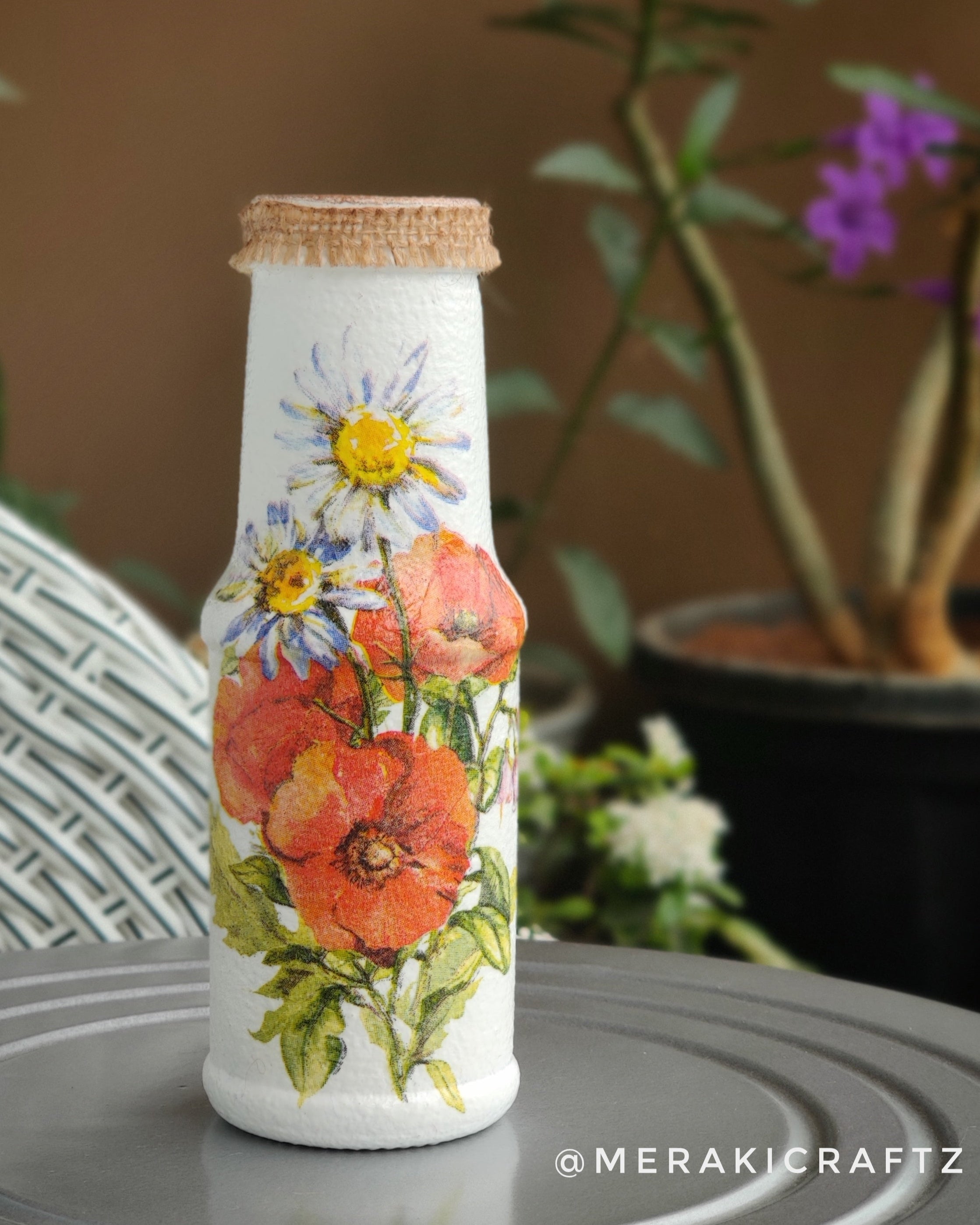 Handcrafted Upcycled Decoupaged Glass Bottle – Wildflower Bloom