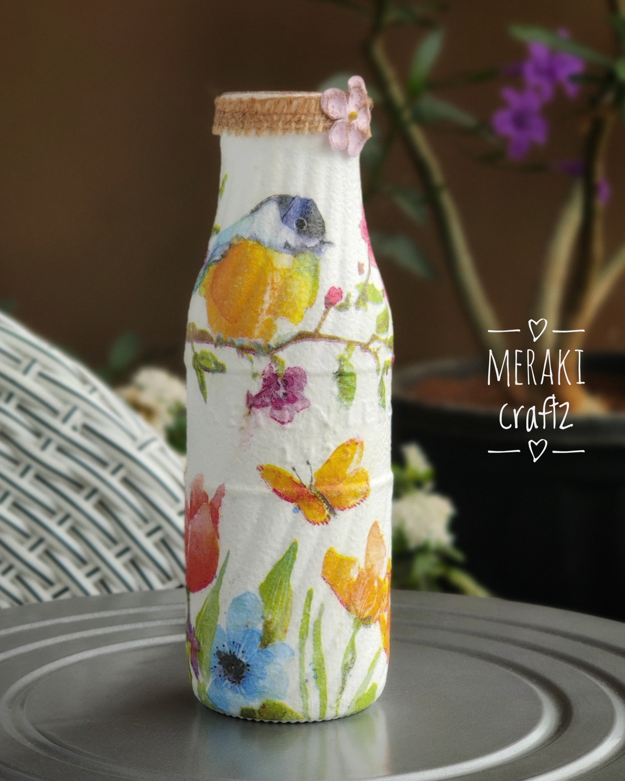 Upcycled Decorative Decoupaged Glass Bottle – Spring Garden Bird