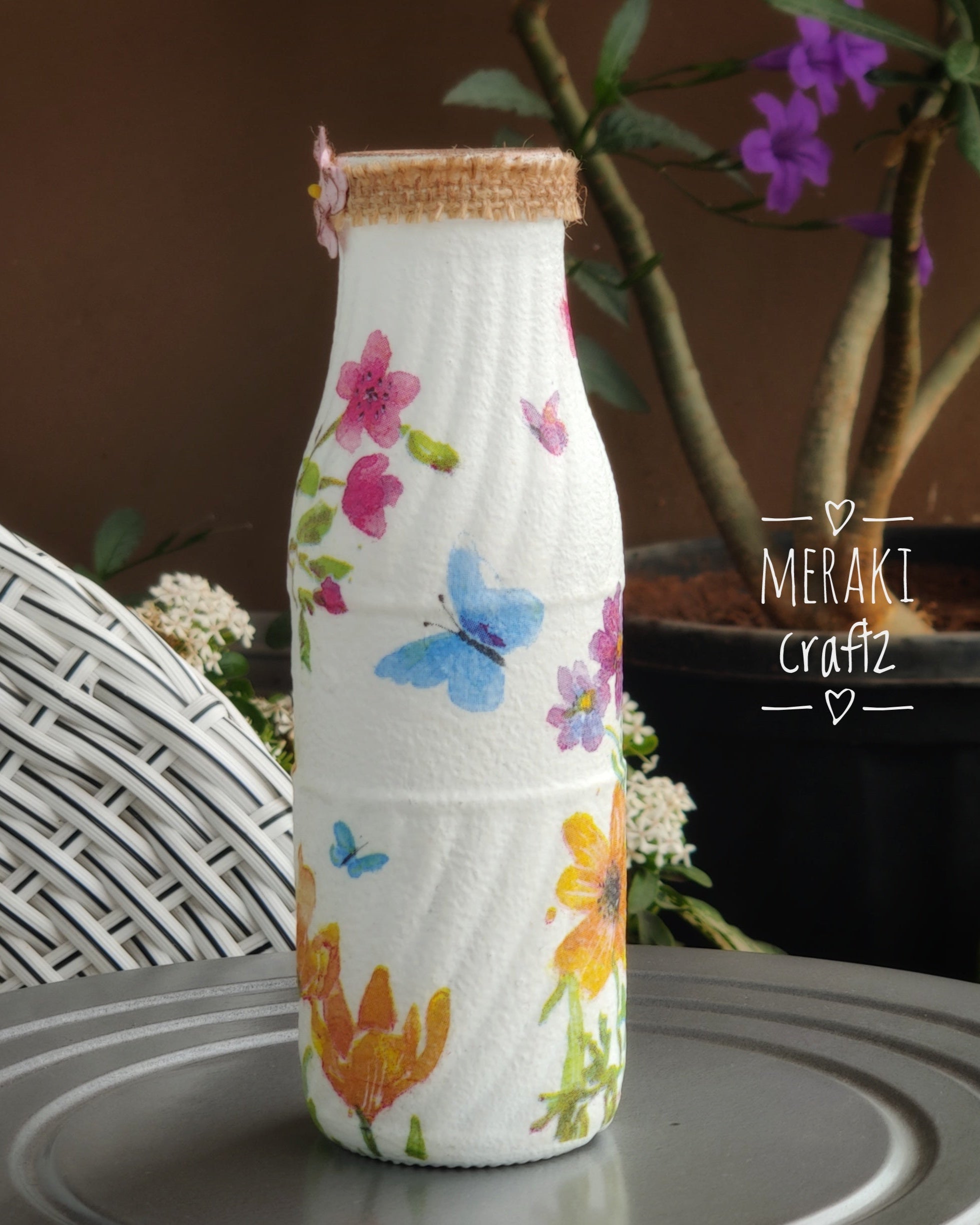 Upcycled Decorative Decoupaged Glass Bottle – Spring Garden Bird