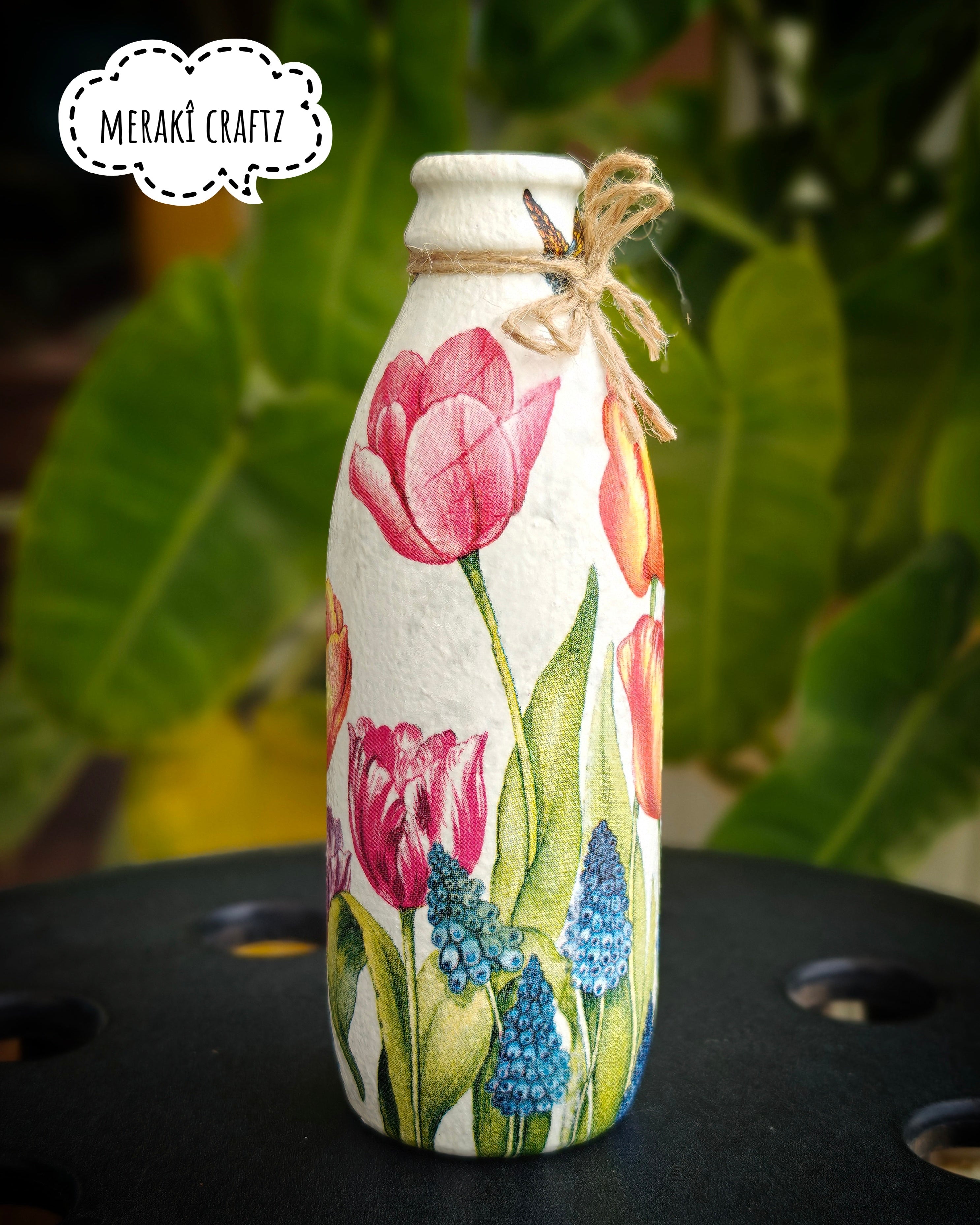 Upcycled Decorative Decoupaged Glass Bottle – Tulip Garden Bliss