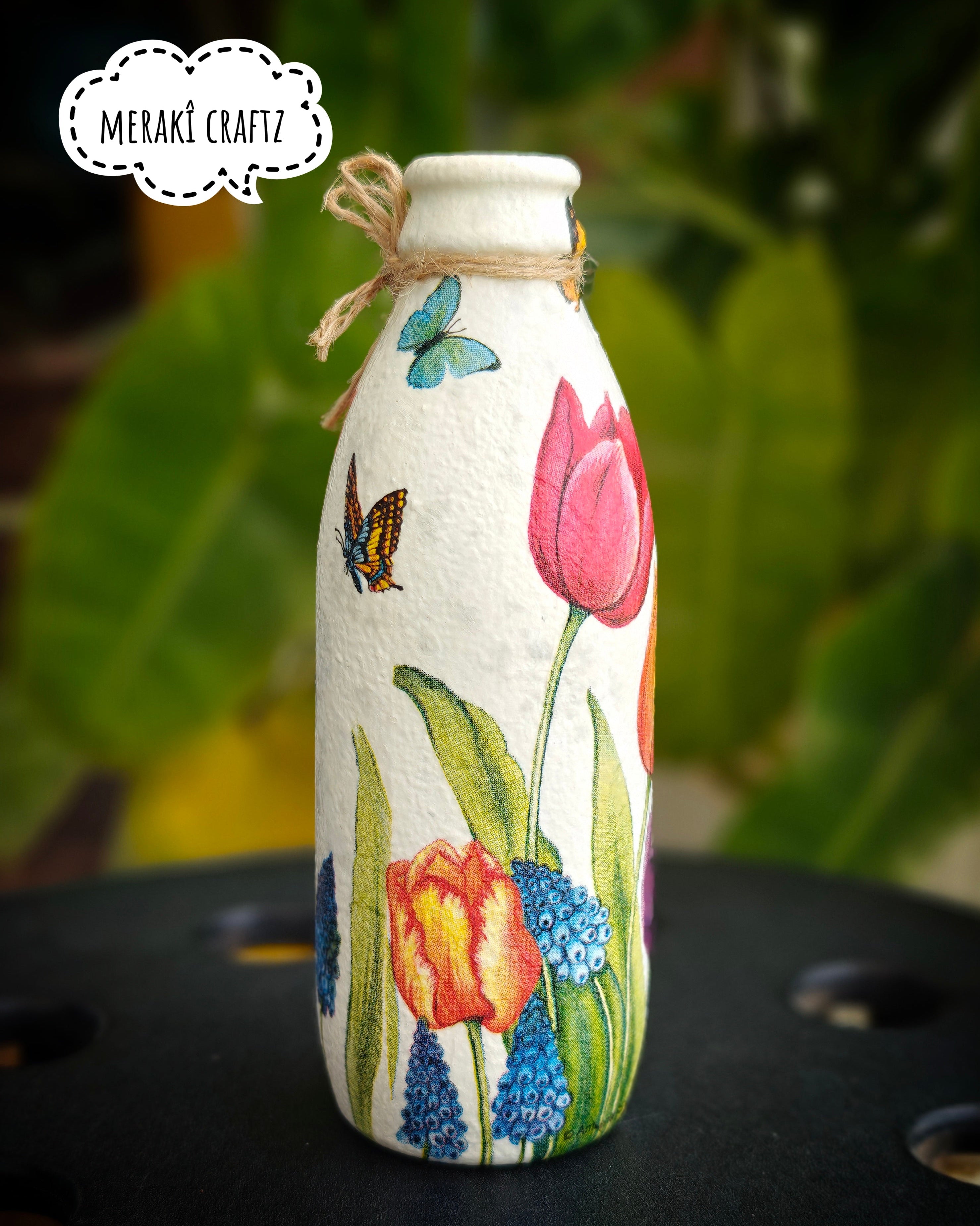 Upcycled Decorative Decoupaged Glass Bottle – Tulip Garden Bliss