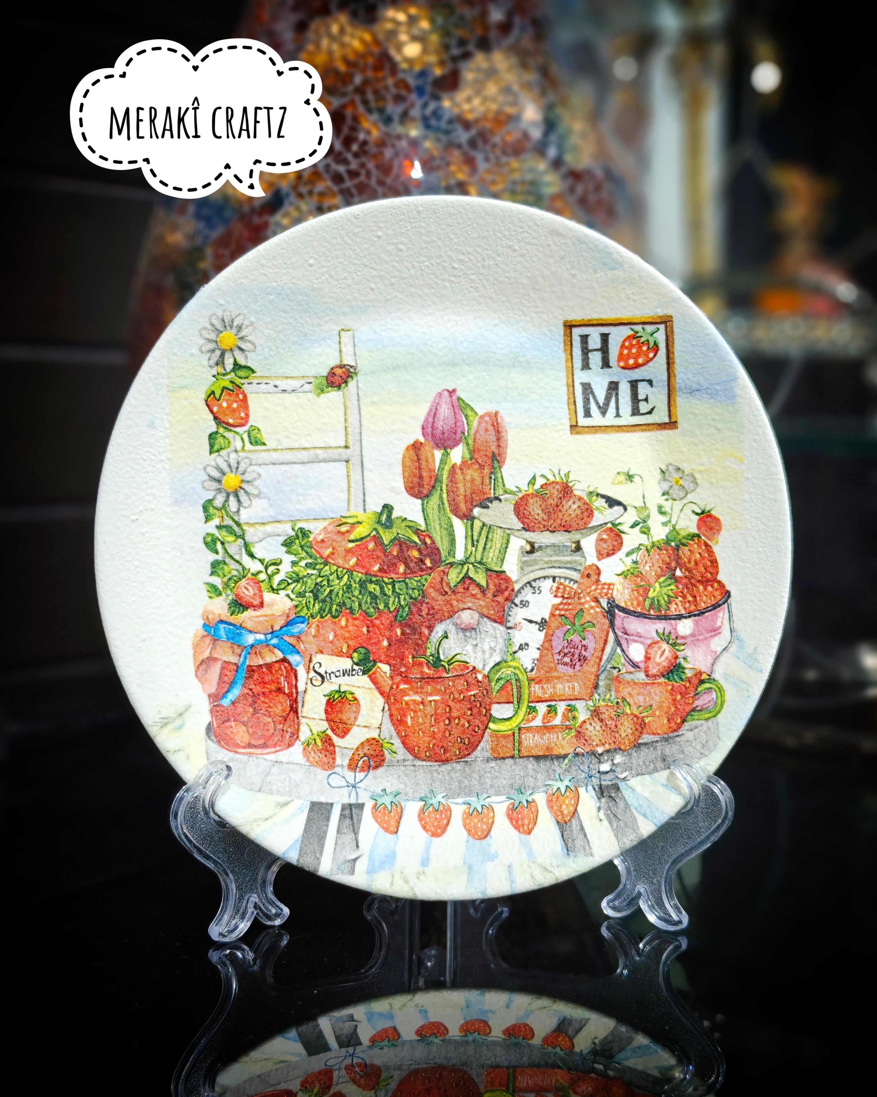 Handcrafted Decoupaged Glass Decorative Plate – Strawberry Cottage Charm