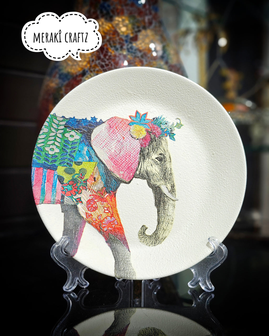 Handcrafted Decoupaged Glass Decorative Plate – Bohemian Elephant