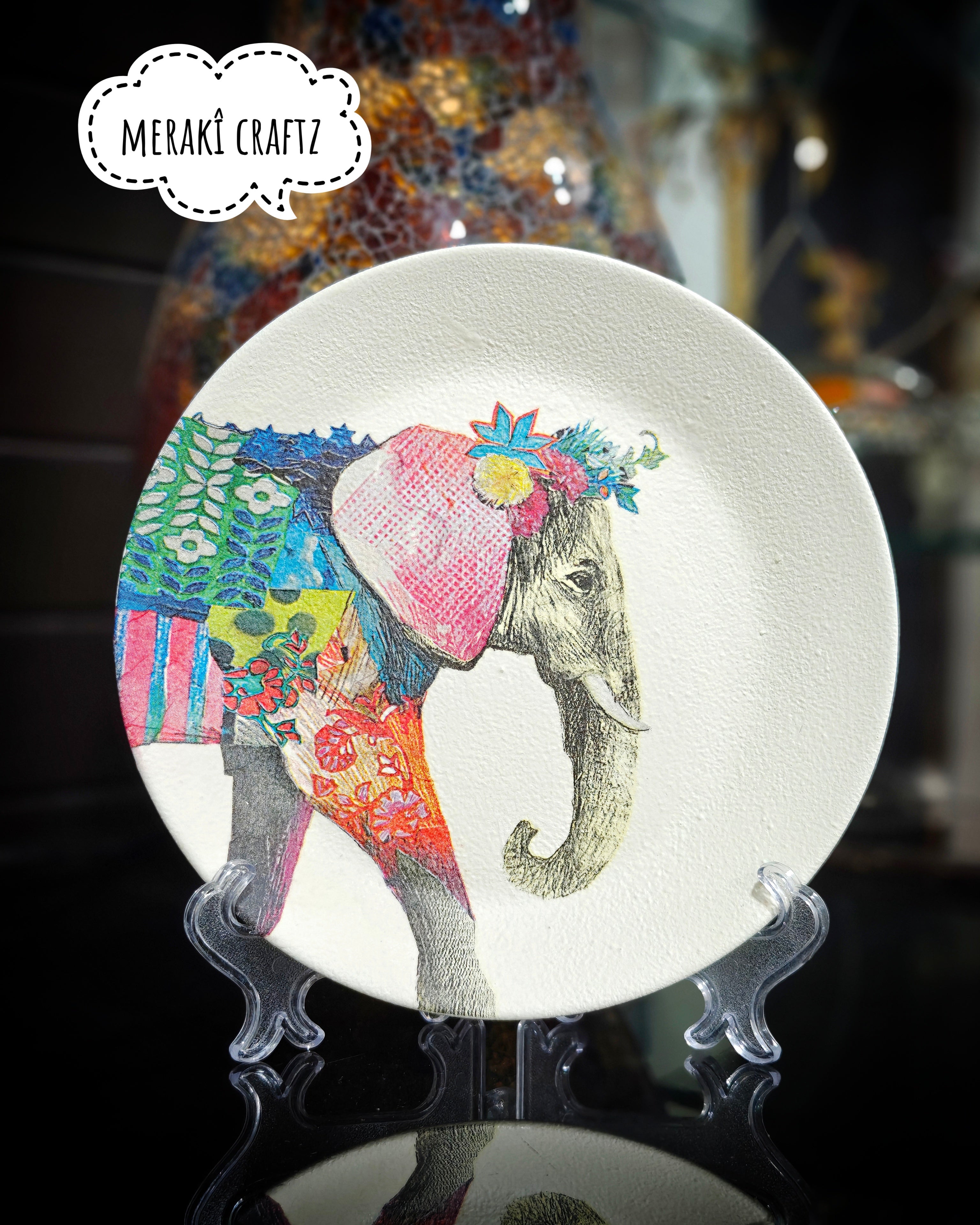 Handcrafted Decoupaged Glass Decorative Plate – Bohemian Elephant