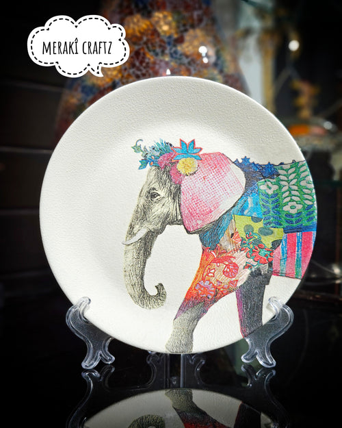 Handcrafted Decoupaged Glass Decorative Plate – Bohemian Elephant