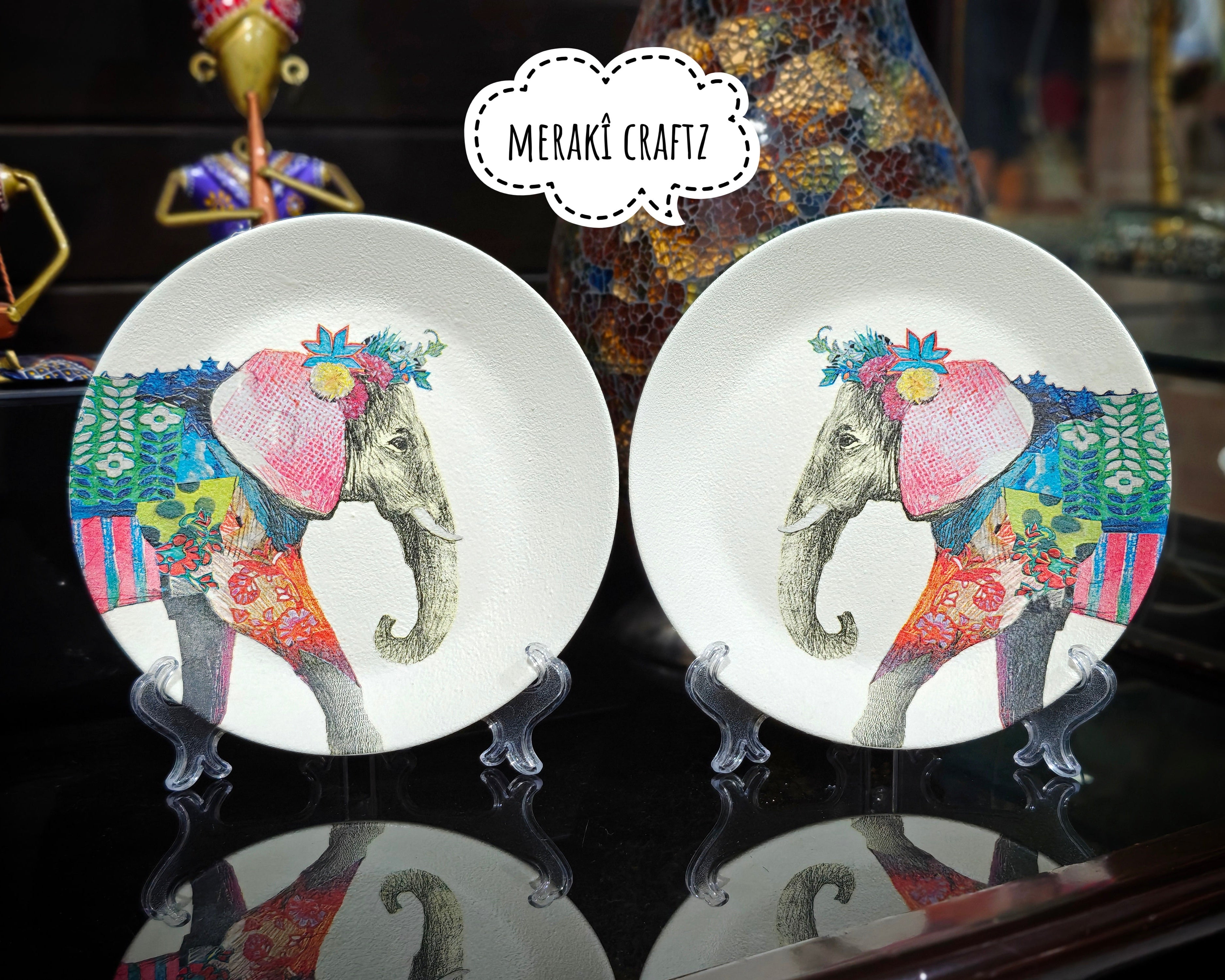 Handcrafted Decoupaged Glass Decorative Plate – Bohemian Elephant