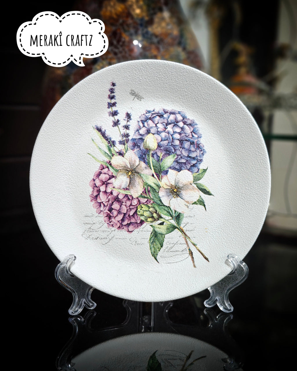 Handcrafted Decoupaged Glass Decorative Plate – Hydrangea Bouquet