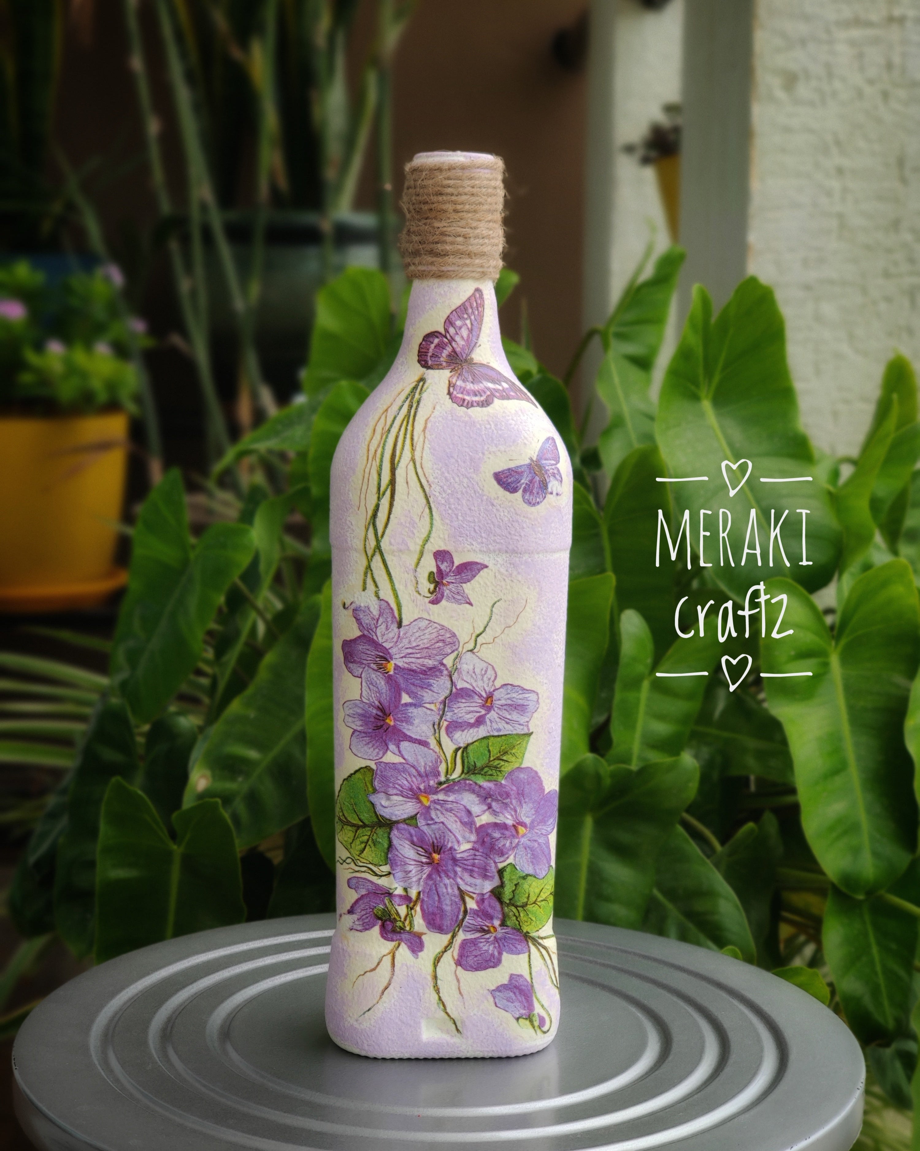 Handcrafted Upcycled Decoupaged Glass Bottle – Lavender Butterfly Bloom