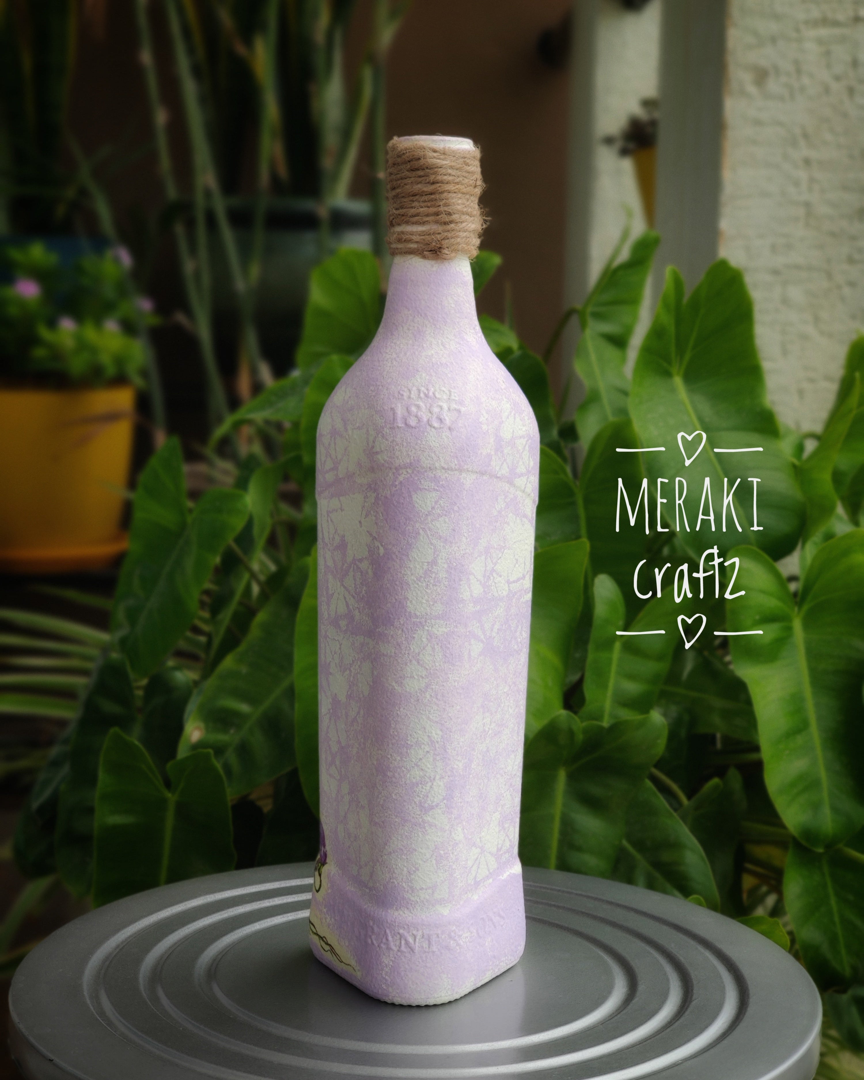 Handcrafted Upcycled Decoupaged Glass Bottle – Lavender Butterfly Bloom