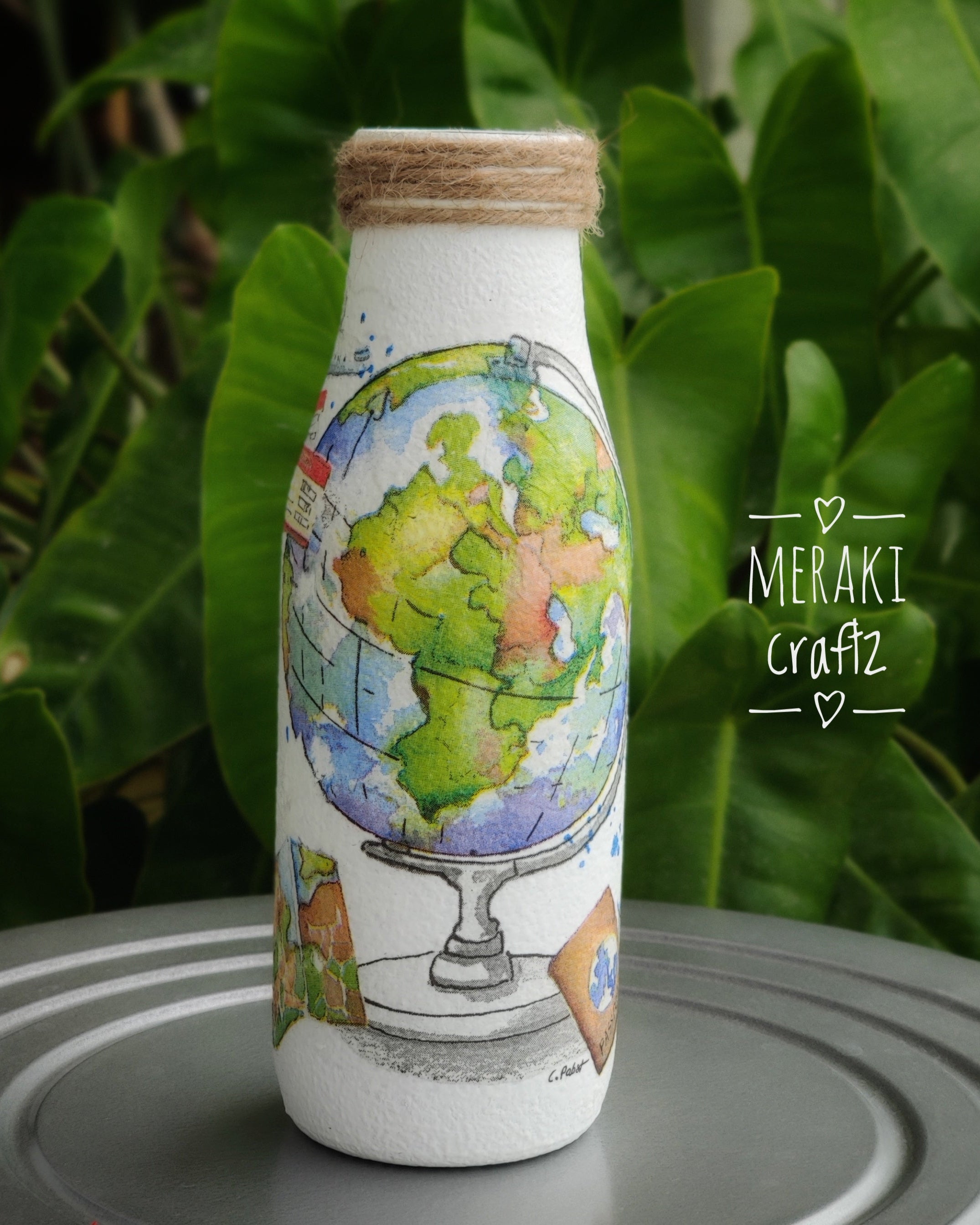 Upcycled Decorative Decoupaged Glass Bottle – Wanderlust Explorer