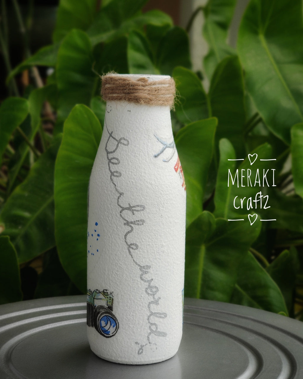 Upcycled Decorative Decoupaged Glass Bottle – Wanderlust Explorer