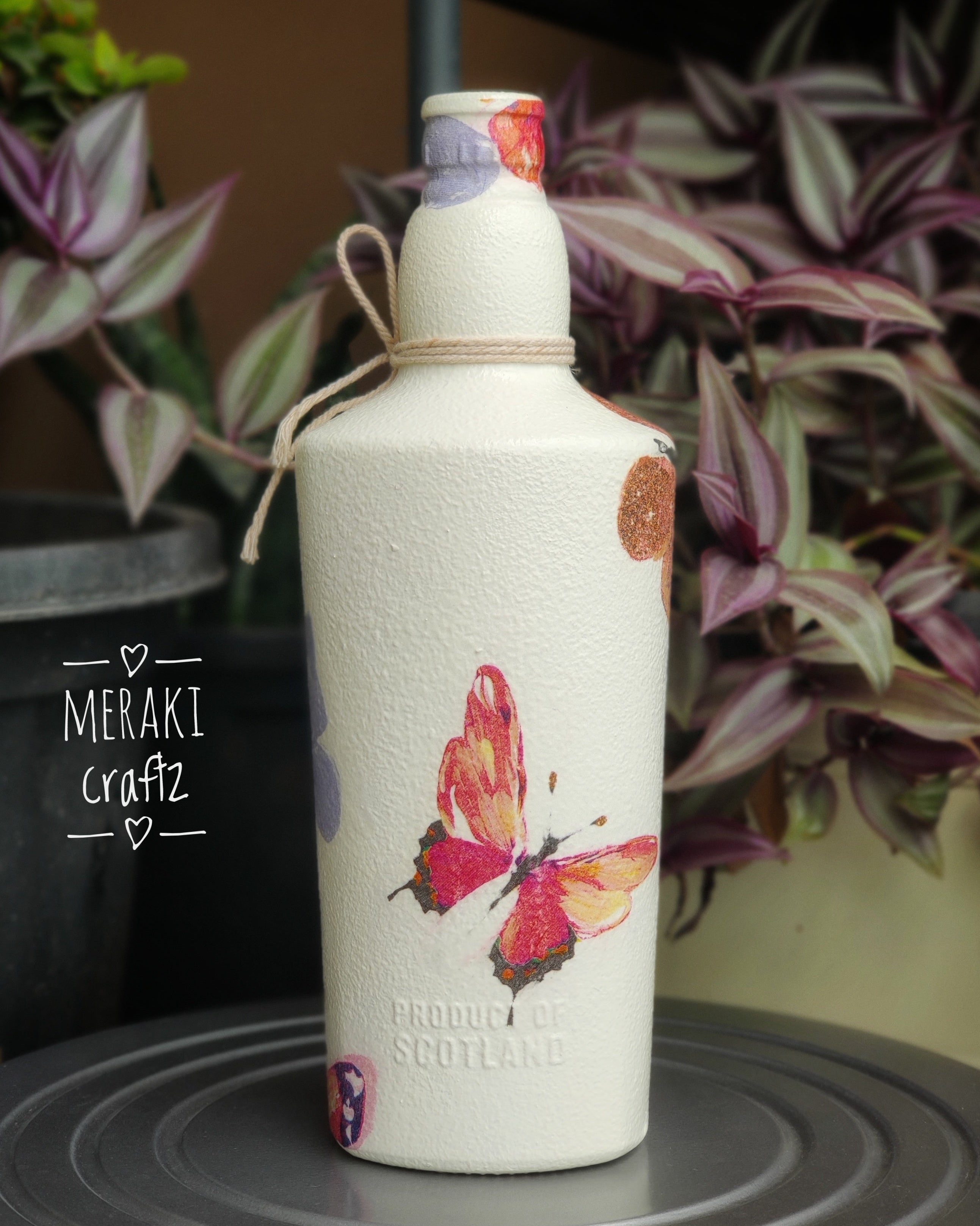 Upcycled Decorative Decoupaged Glass Bottle – Butterfly Dreams