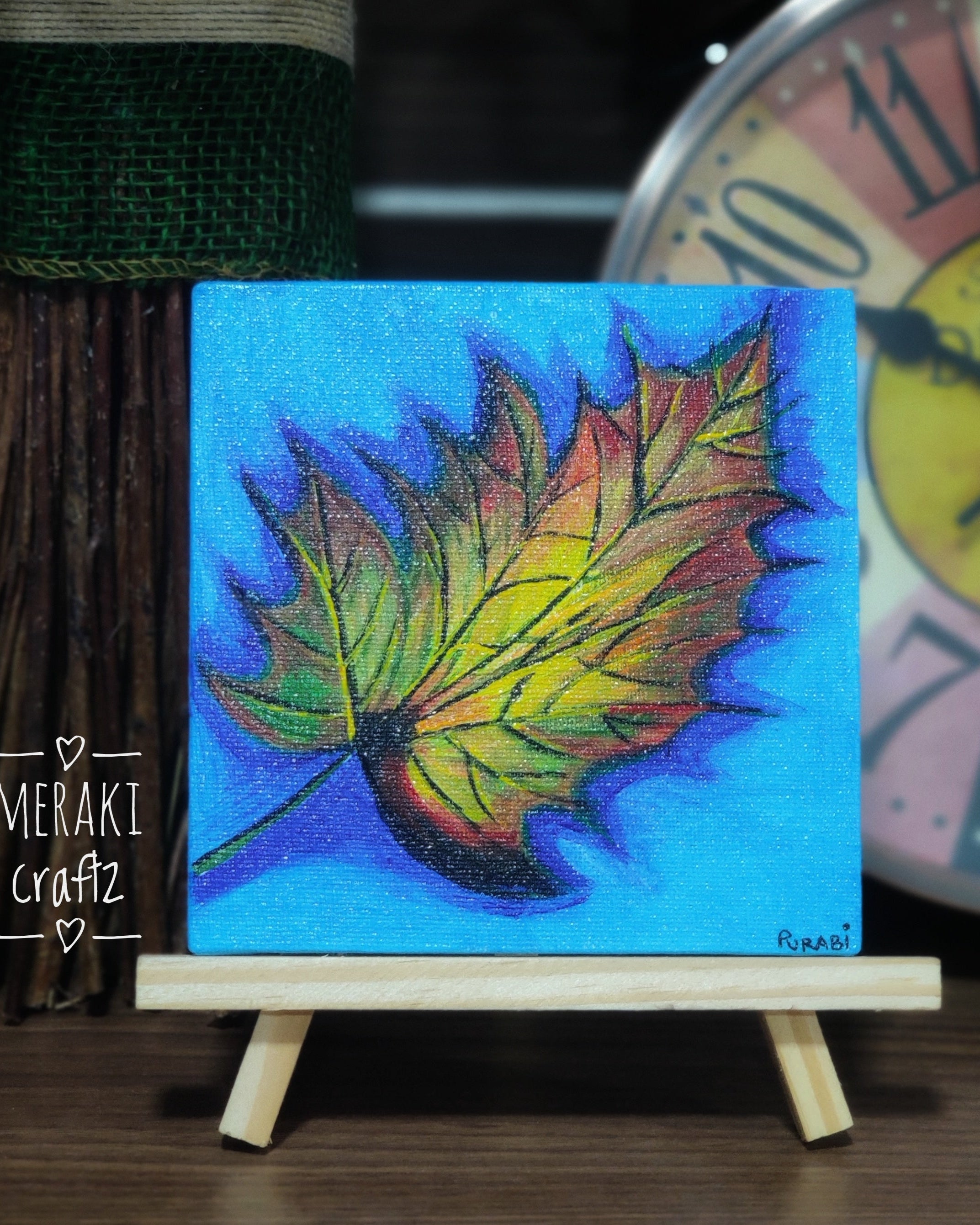 Handcrafted Acrylic Mini Canvas Painting – Autumn Chinar Leaf
