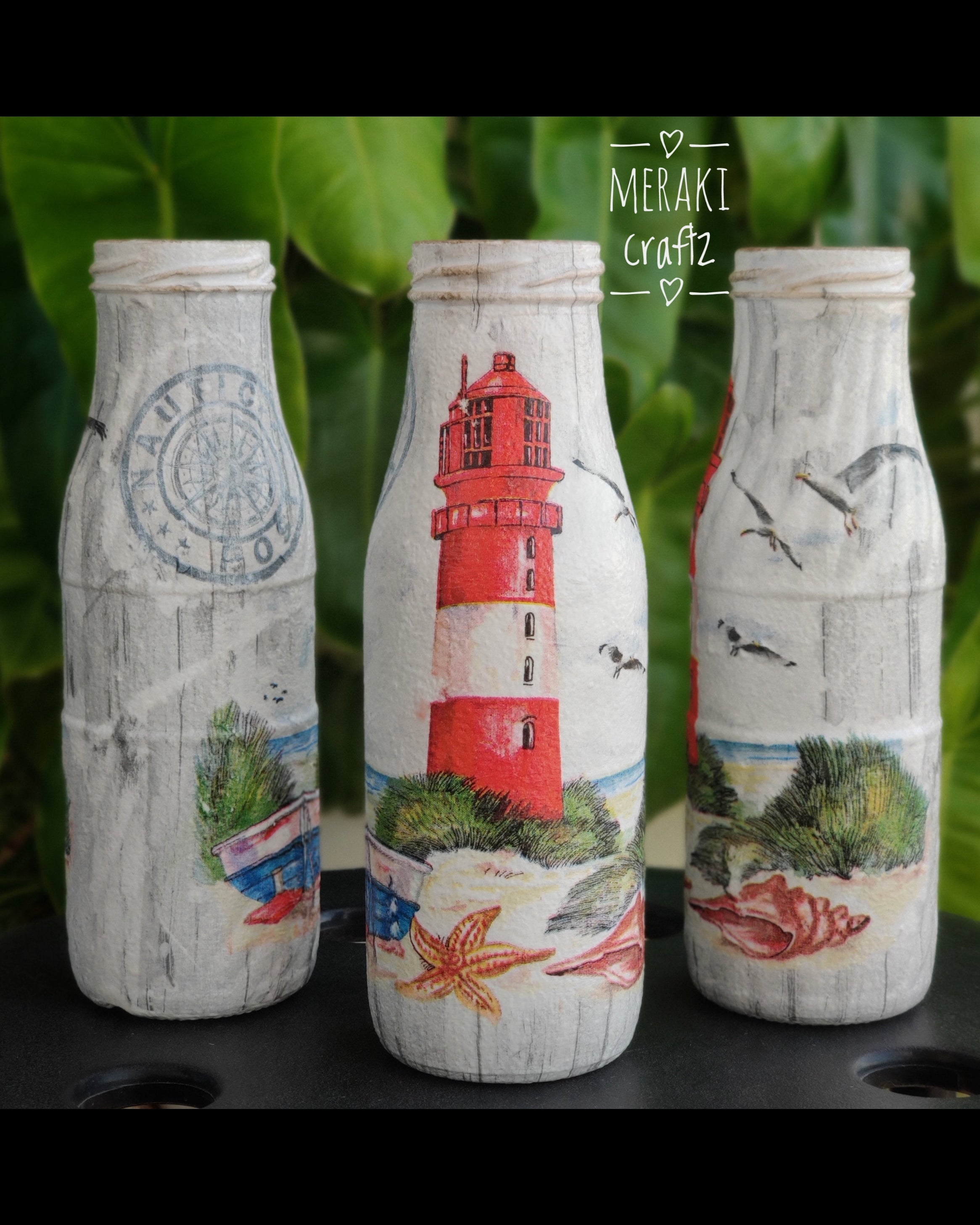 Upcycled Decorative Decoupaged Glass Bottle – Coastal Lighthouse Charm
