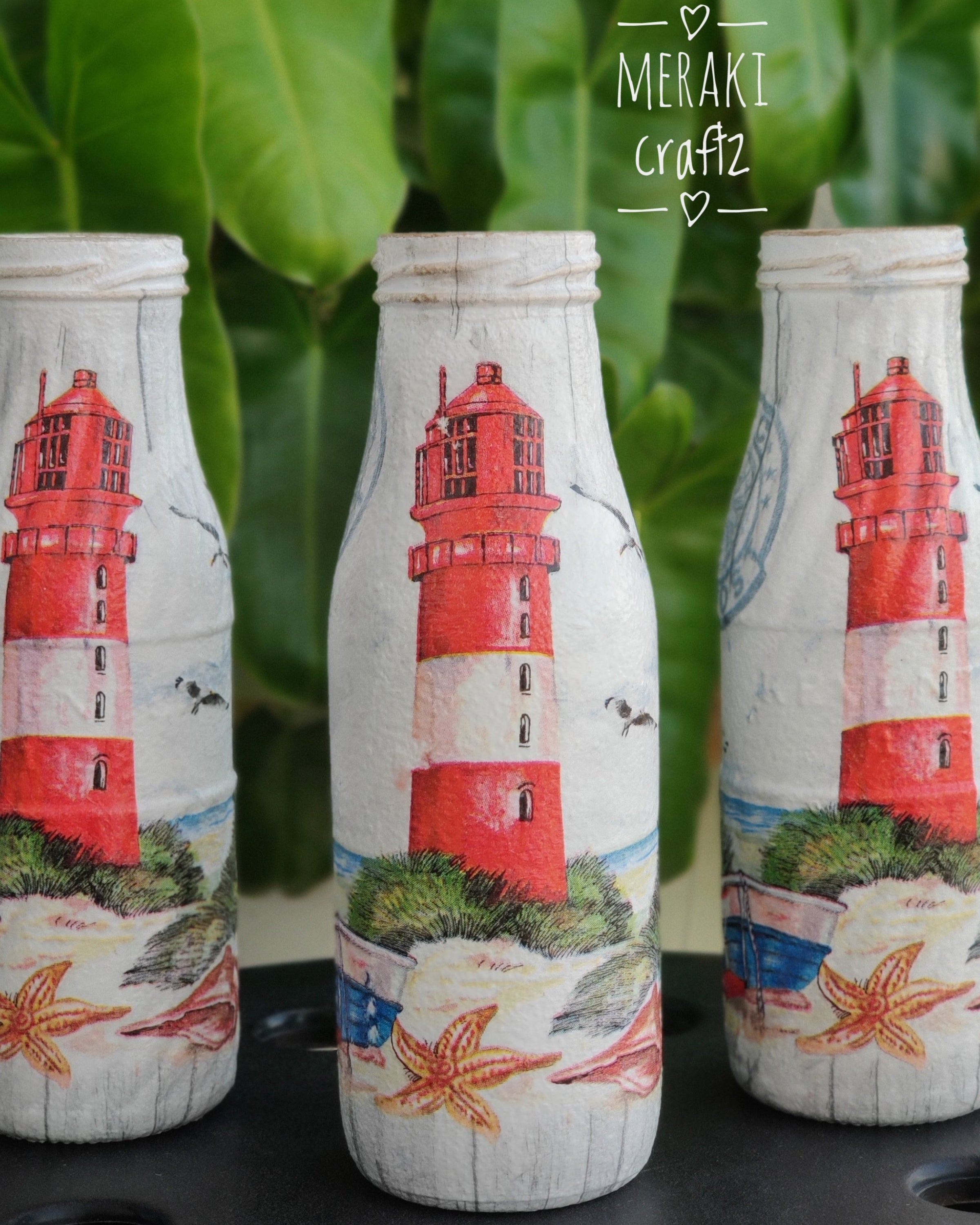 Upcycled Decorative Decoupaged Glass Bottle – Coastal Lighthouse Charm