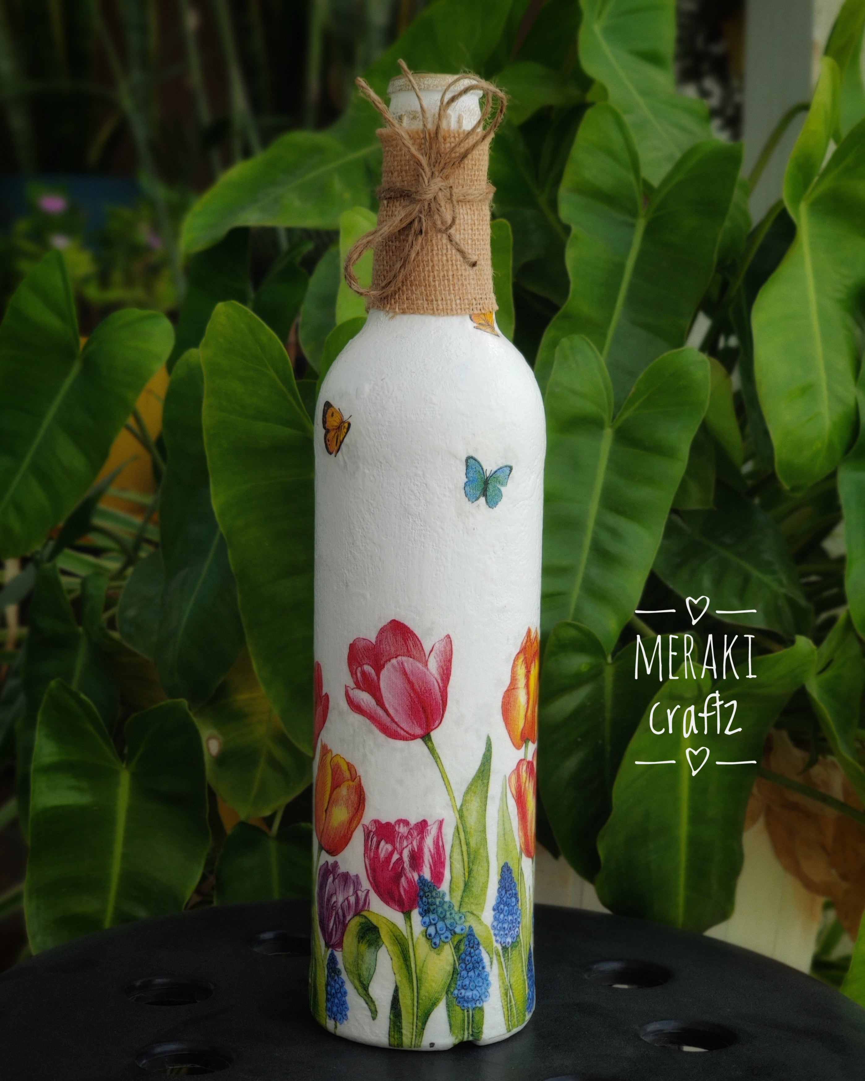Handcrafted Upcycled Decoupaged Glass Bottle – Tulip Garden Delight