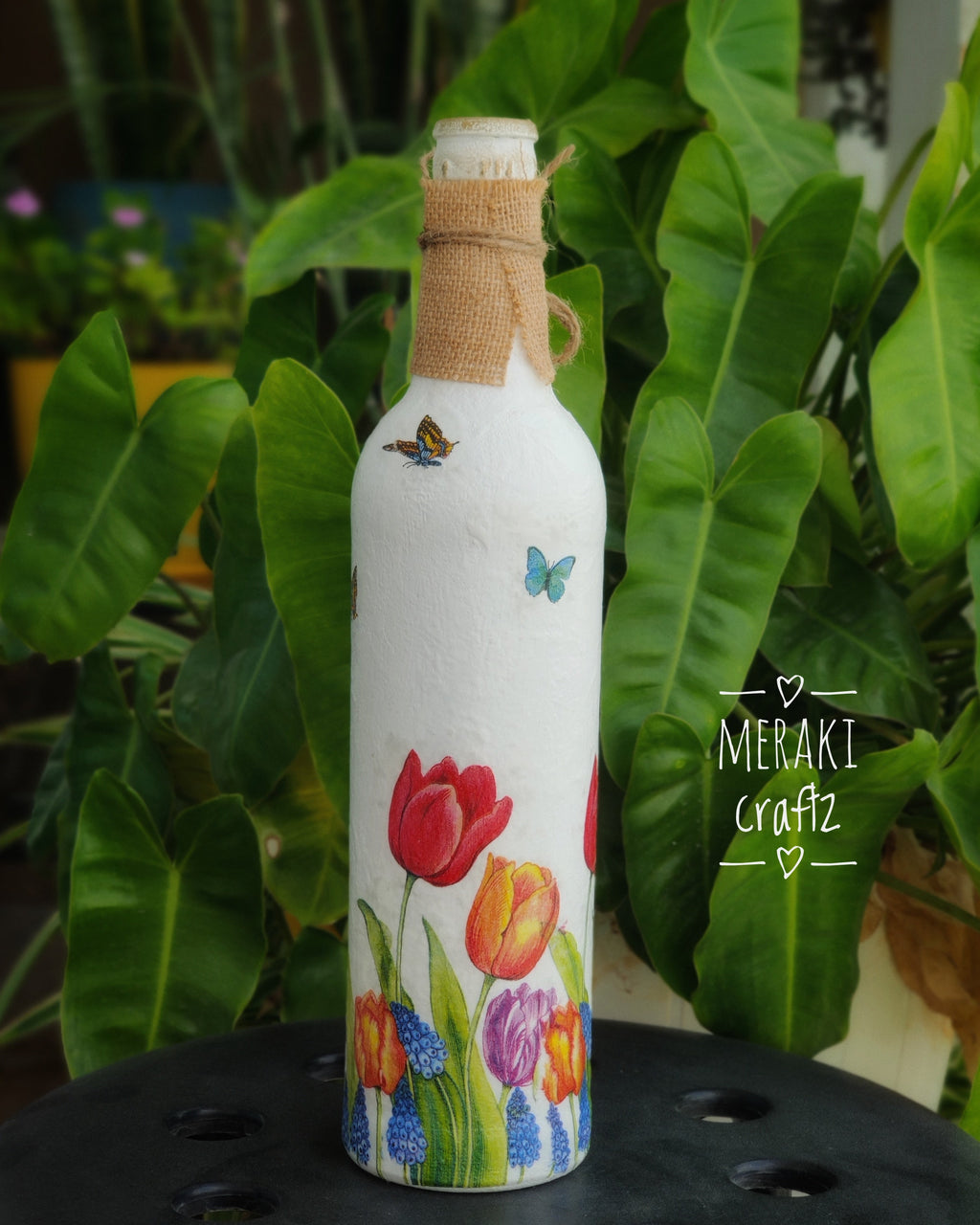 Handcrafted Upcycled Decoupaged Glass Bottle – Tulip Garden Delight