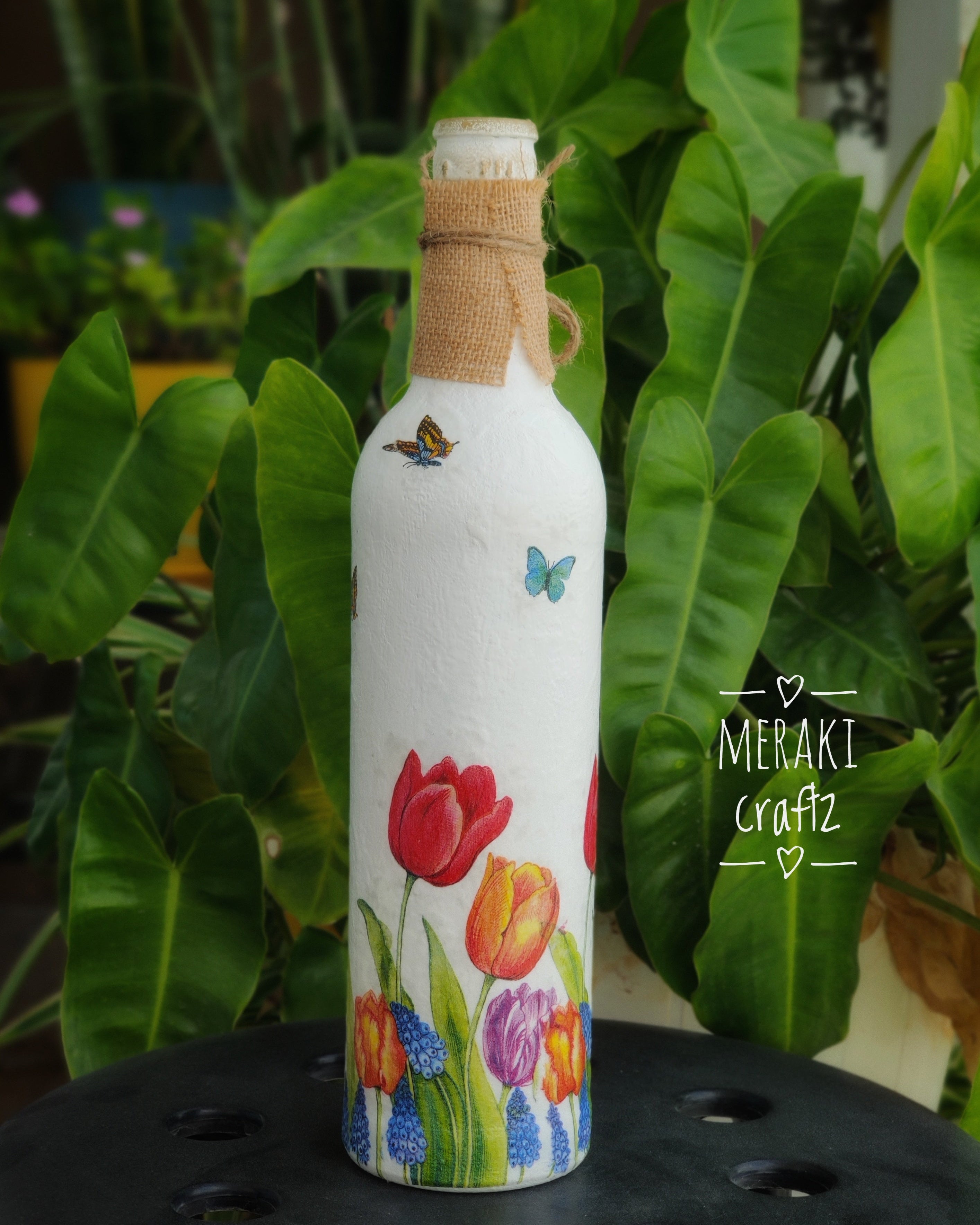 Handcrafted Upcycled Decoupaged Glass Bottle – Tulip Garden Delight