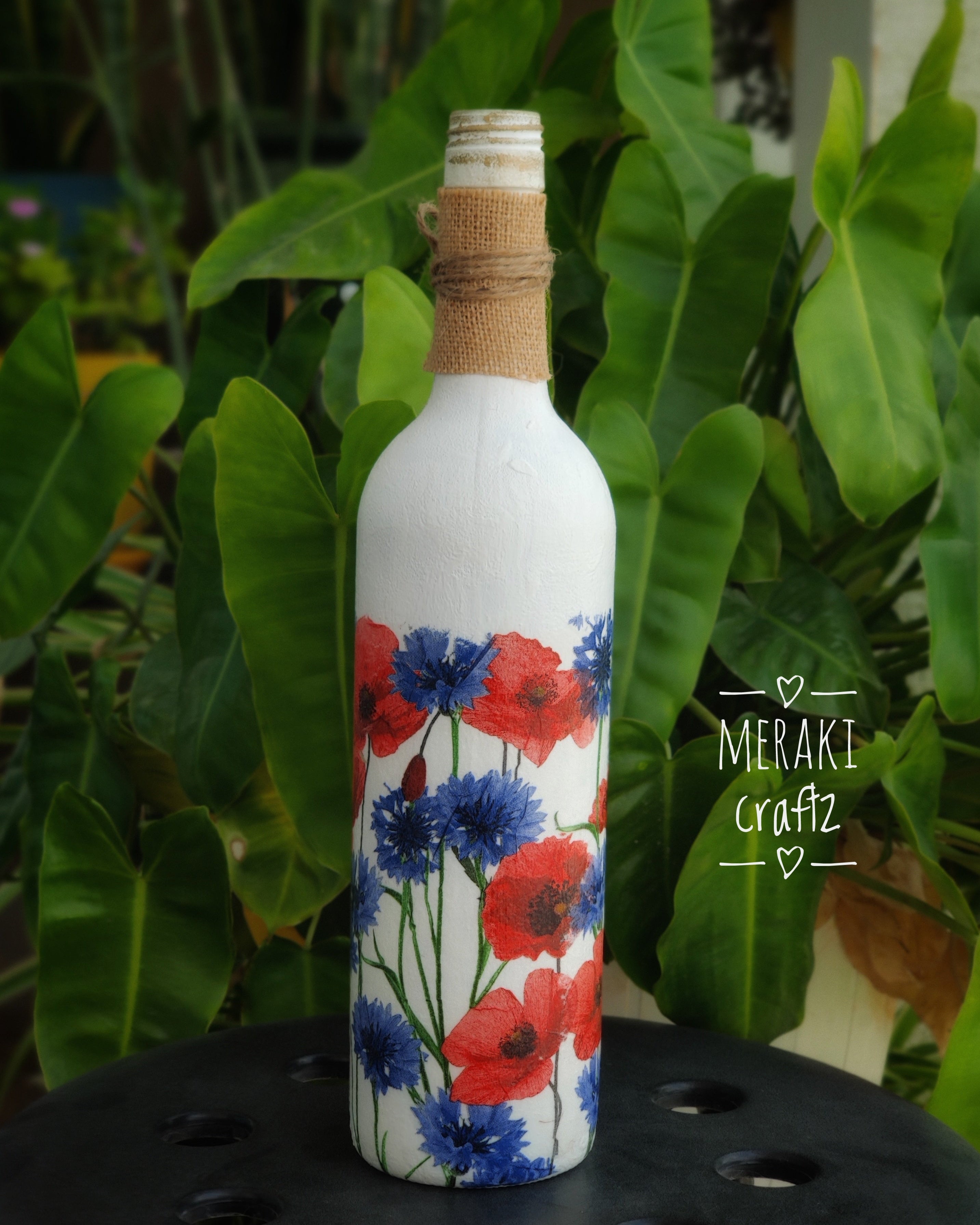 Handcrafted Upcycled Decoupaged Glass Bottle – Poppy & Cornflower Meadow