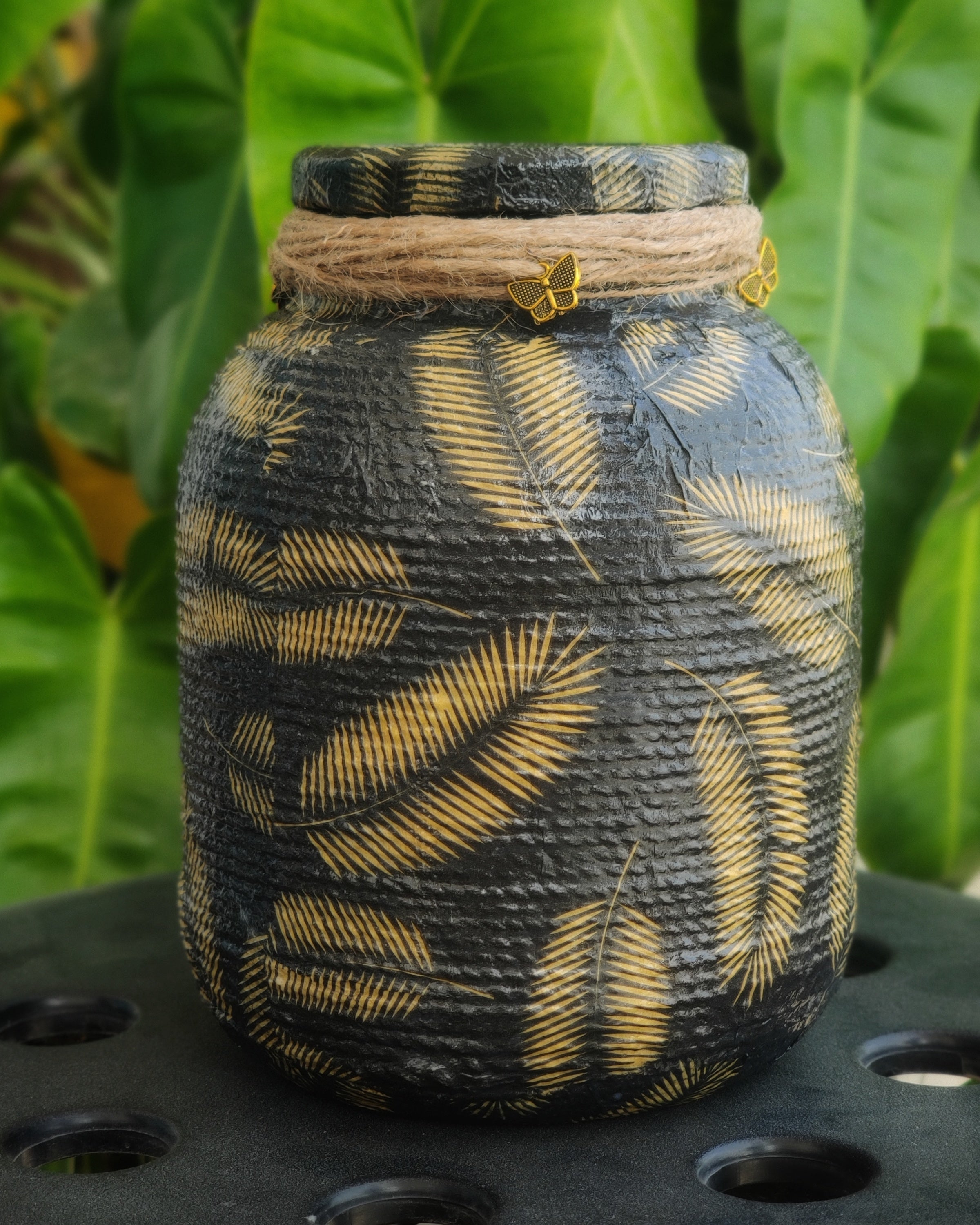 Handcrafted Threaded Decoupaged Glass Jar - Black