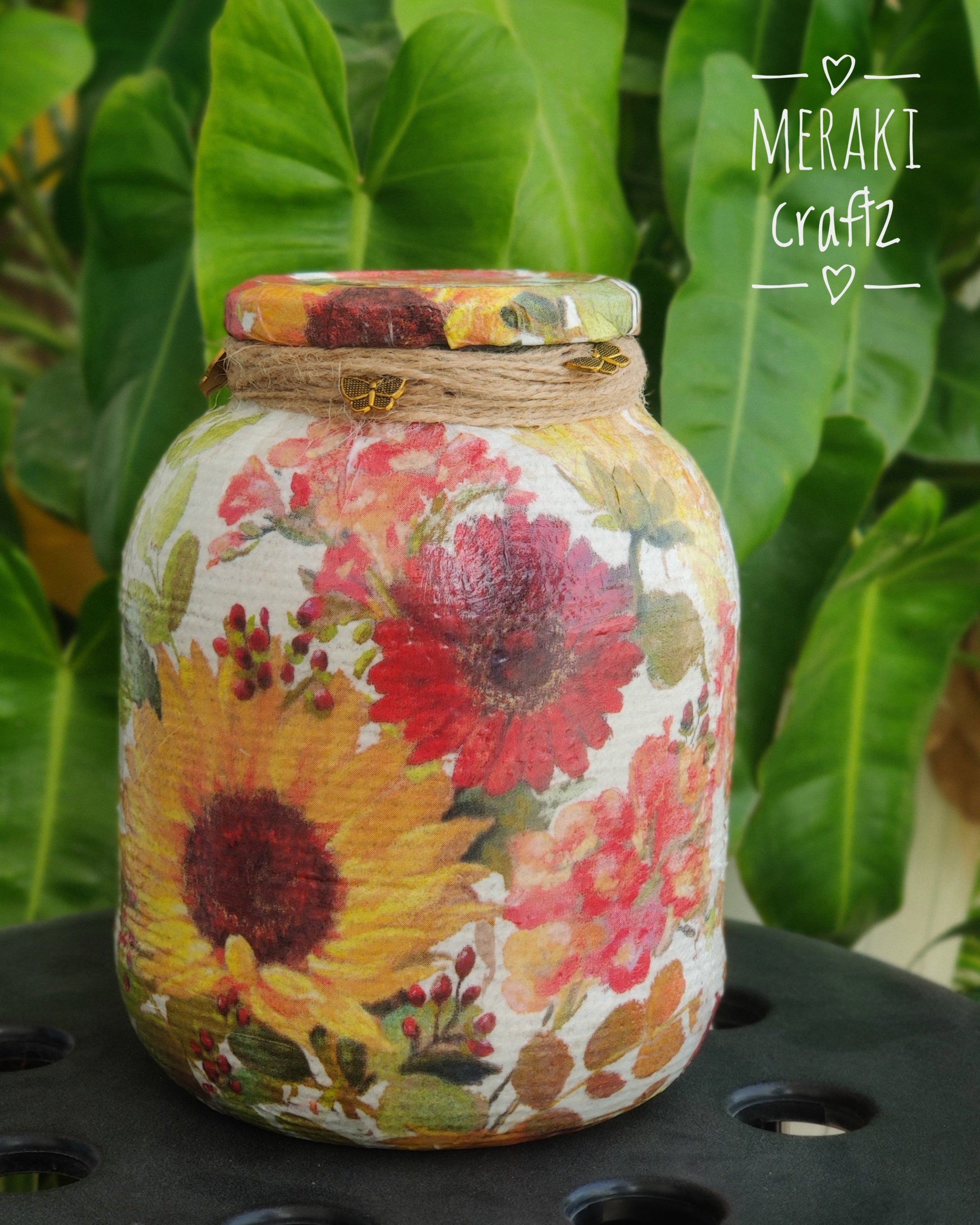Handcrafted Threaded Decoupaged Glass Jar - Summer