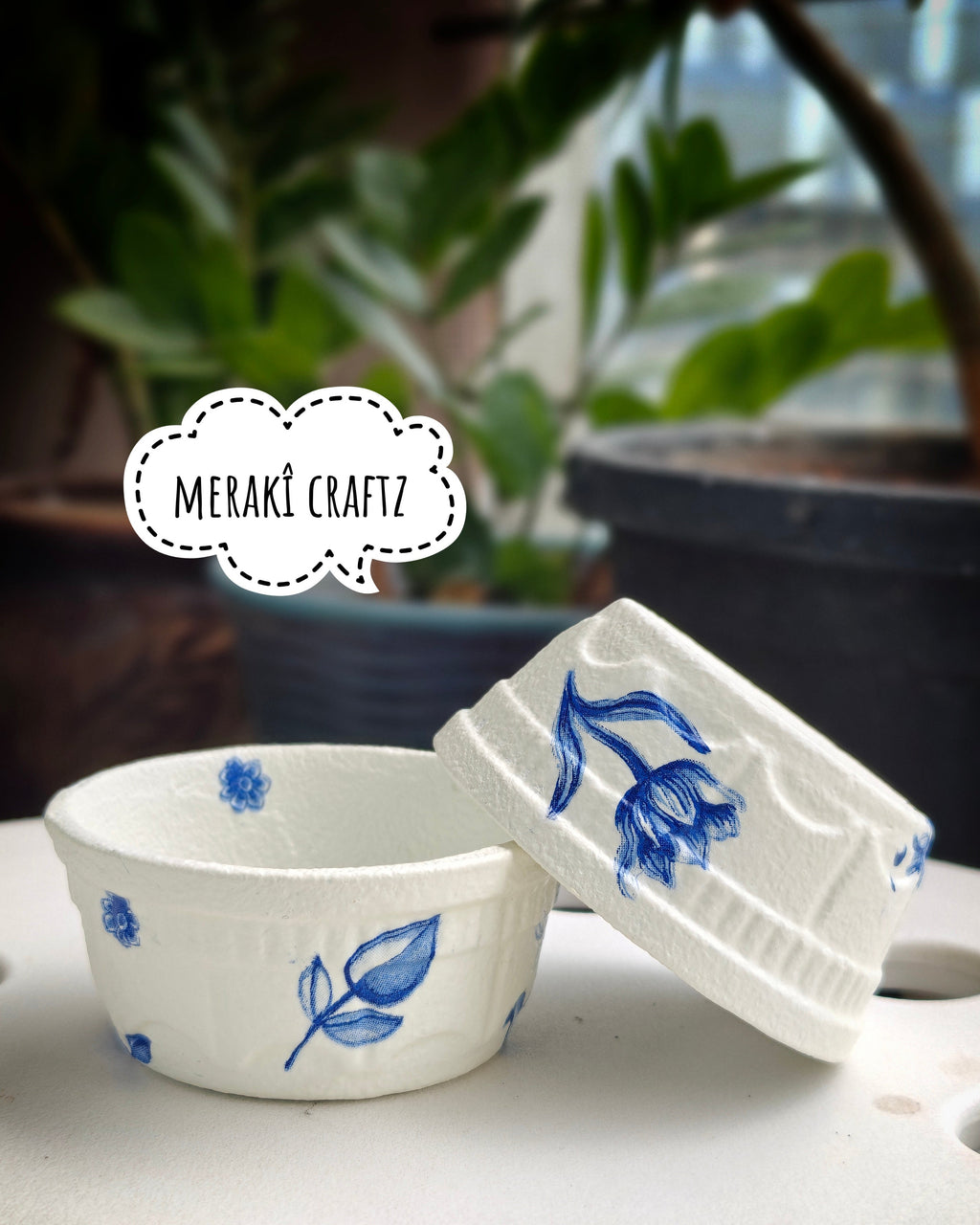 Handcrafted Upcycled Decoupaged Trinket Tray – Indigo Heritage Bloom 1