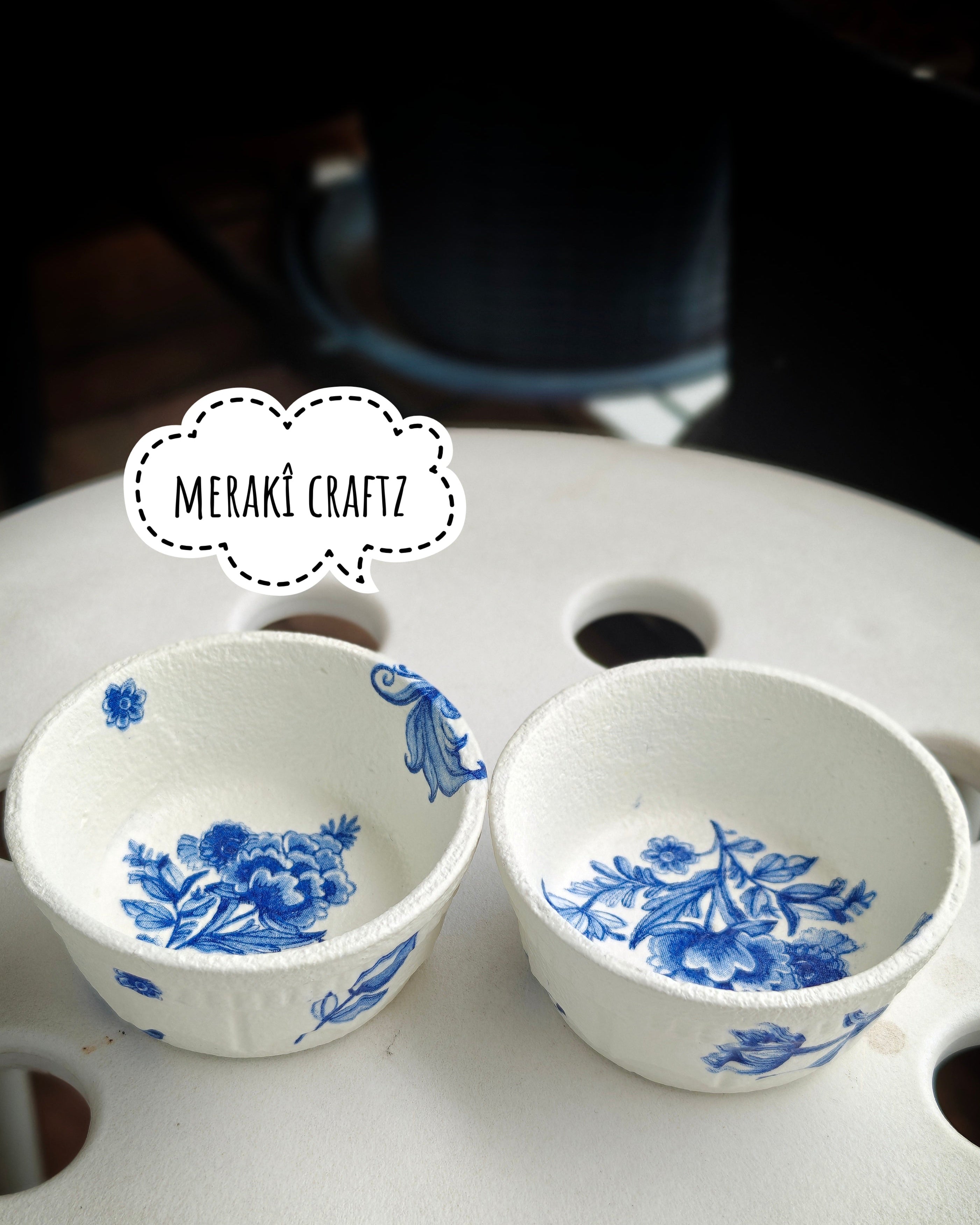 Handcrafted Upcycled Decoupaged Trinket Tray – Indigo Heritage Bloom 1