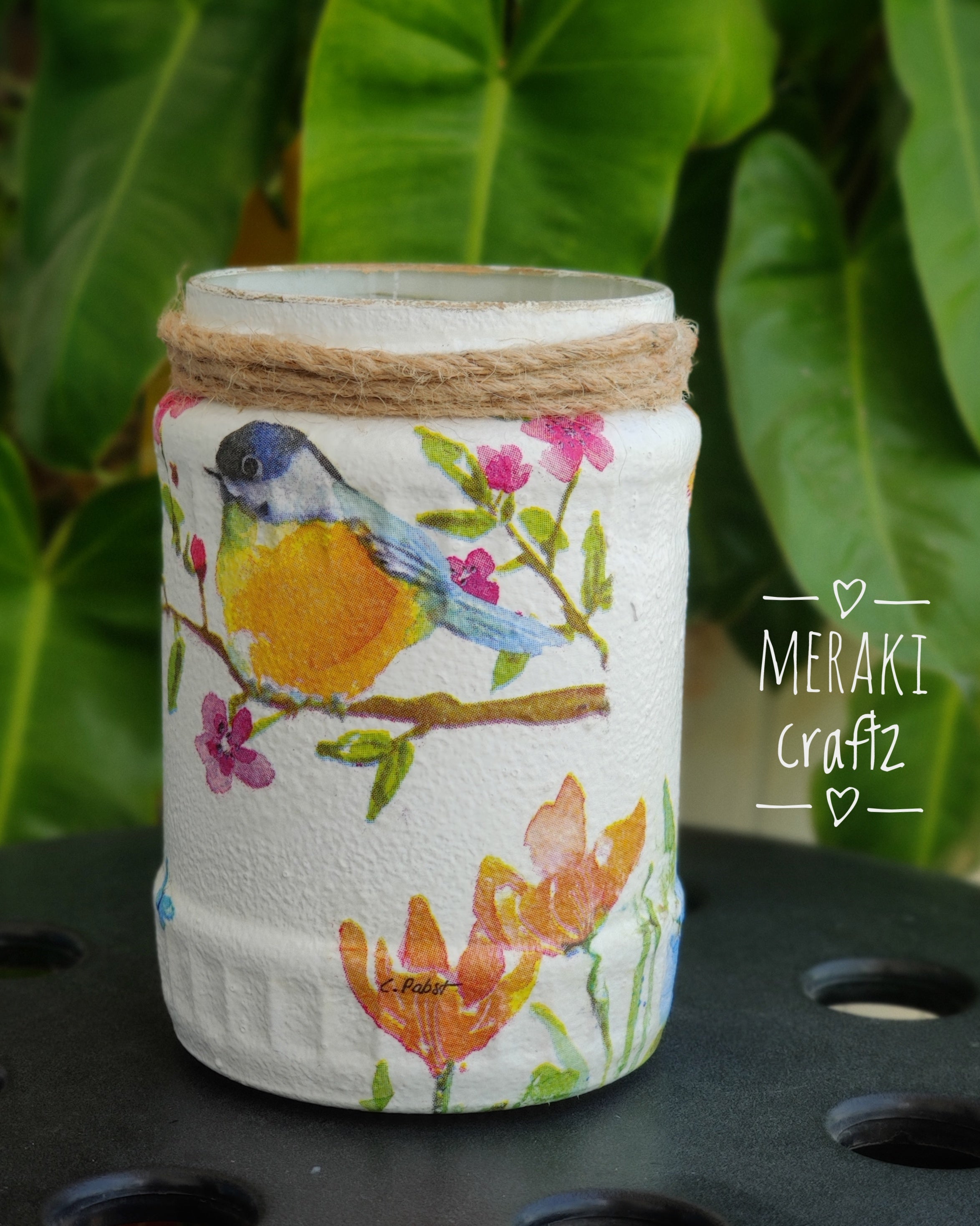 Handcrafted Upcycled Glass Jar – Songbird Blossom Garden