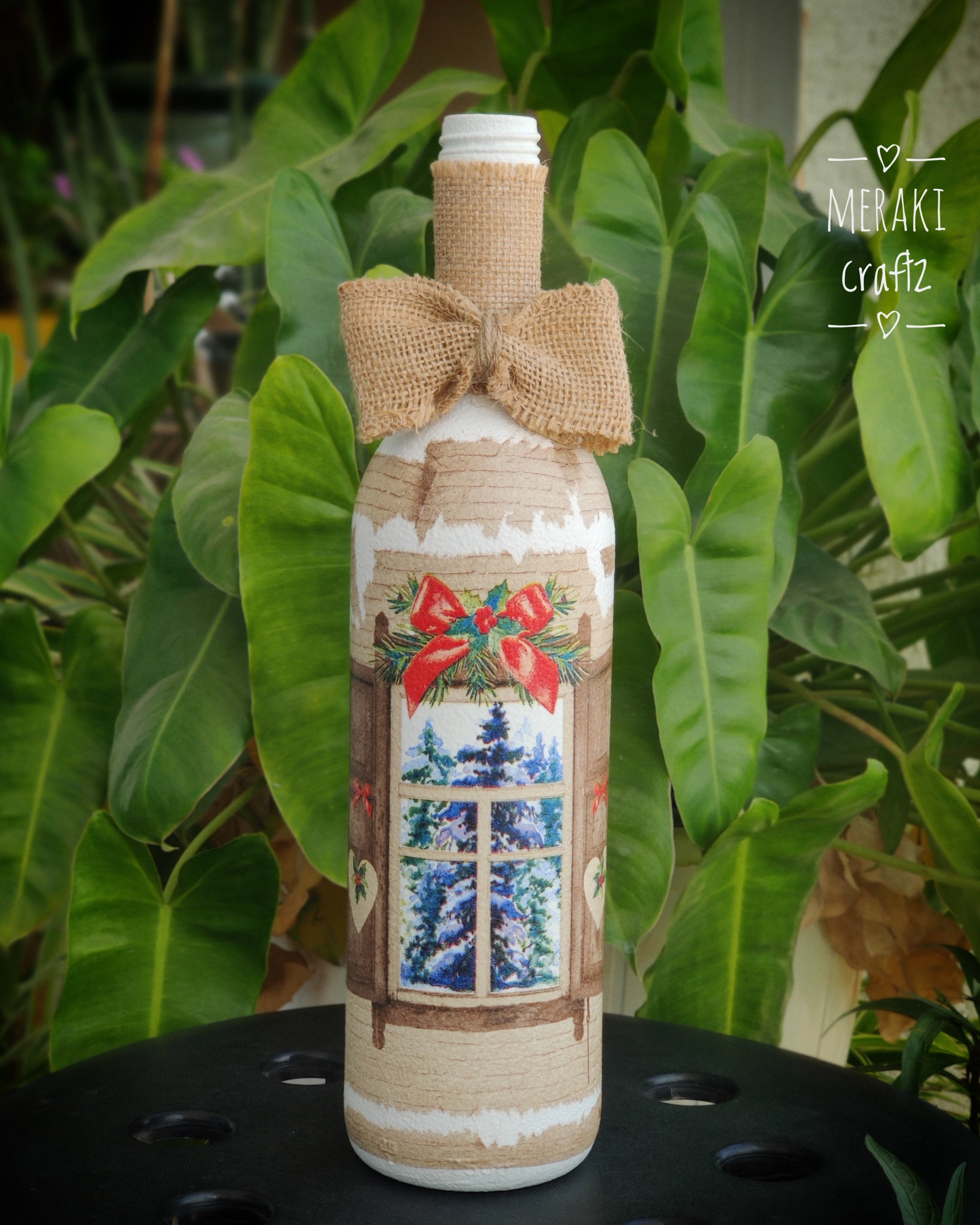 Upcycled Decorative Decoupaged Glass Bottle – Cozy Winter Cottage