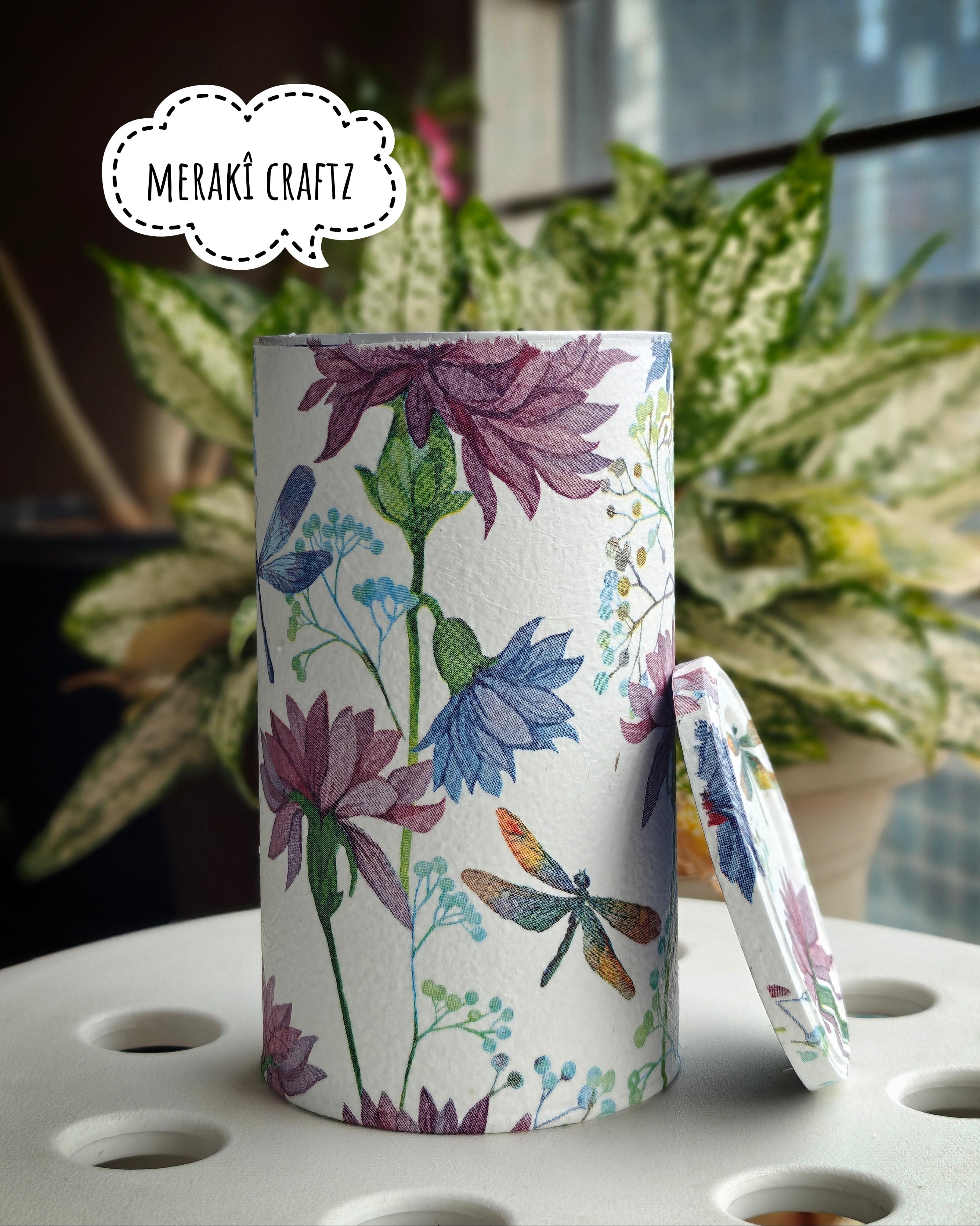 Handcrafted Upcycled Decoupaged Tin Container – Dragonfly Wildflower Storage Canister