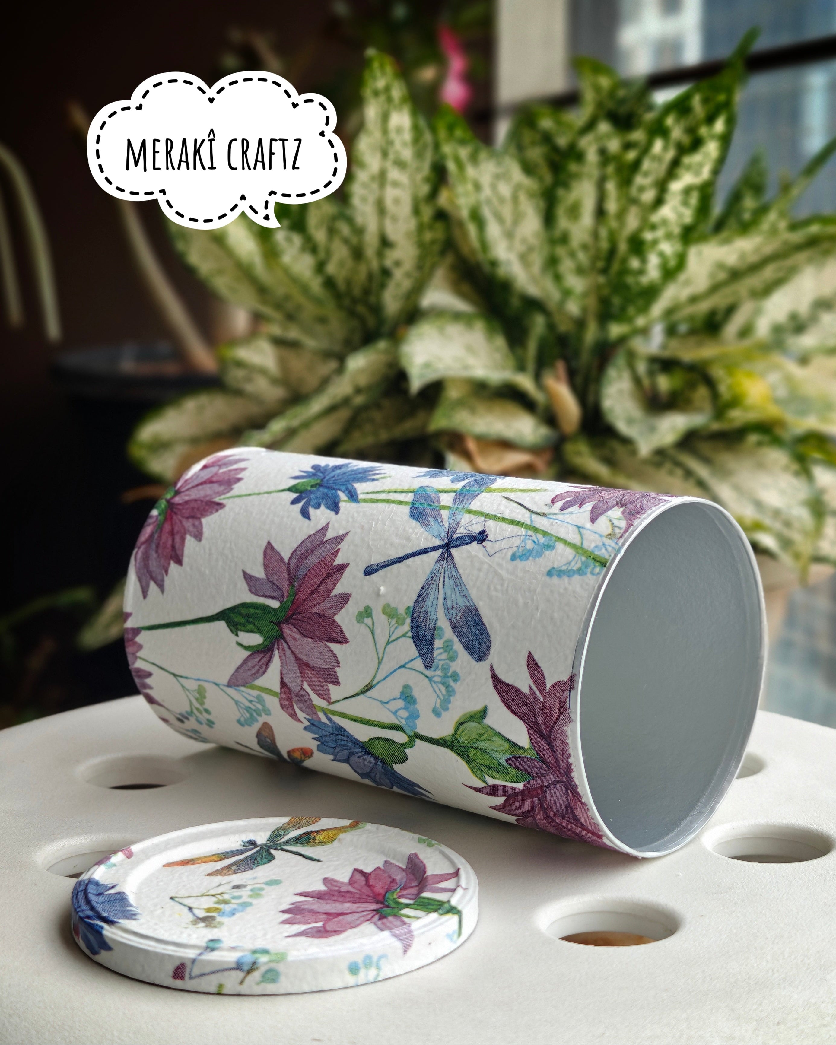 Handcrafted Upcycled Decoupaged Tin Container – Dragonfly Wildflower Storage Canister