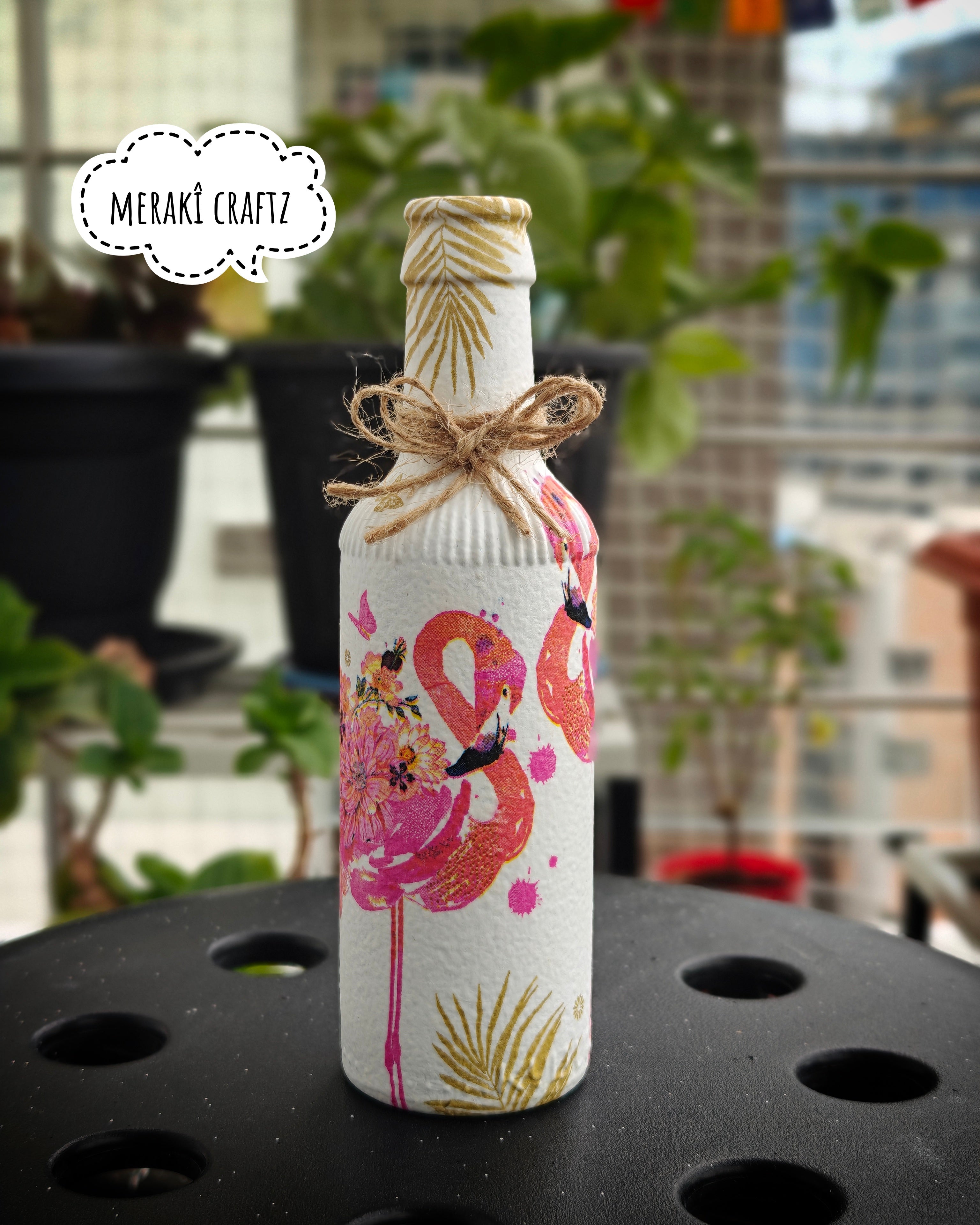 Upcycled Decorative Decoupaged Glass Bottle – Flamingo Paradise