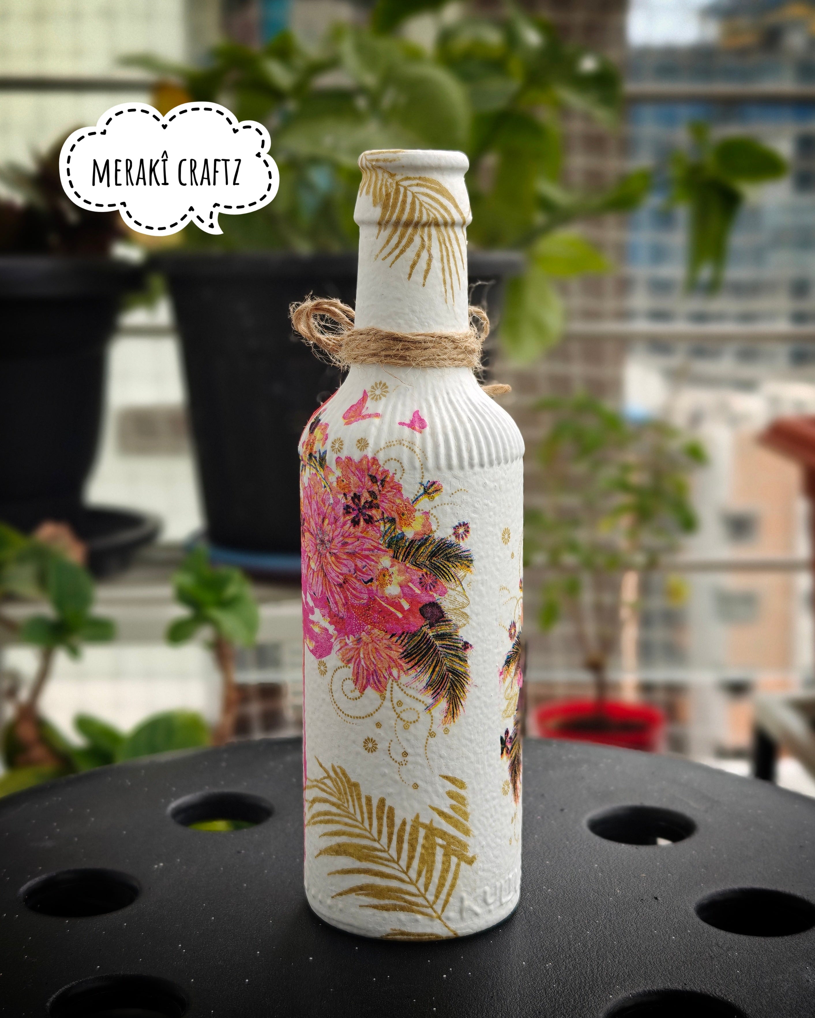Upcycled Decorative Decoupaged Glass Bottle – Flamingo Paradise