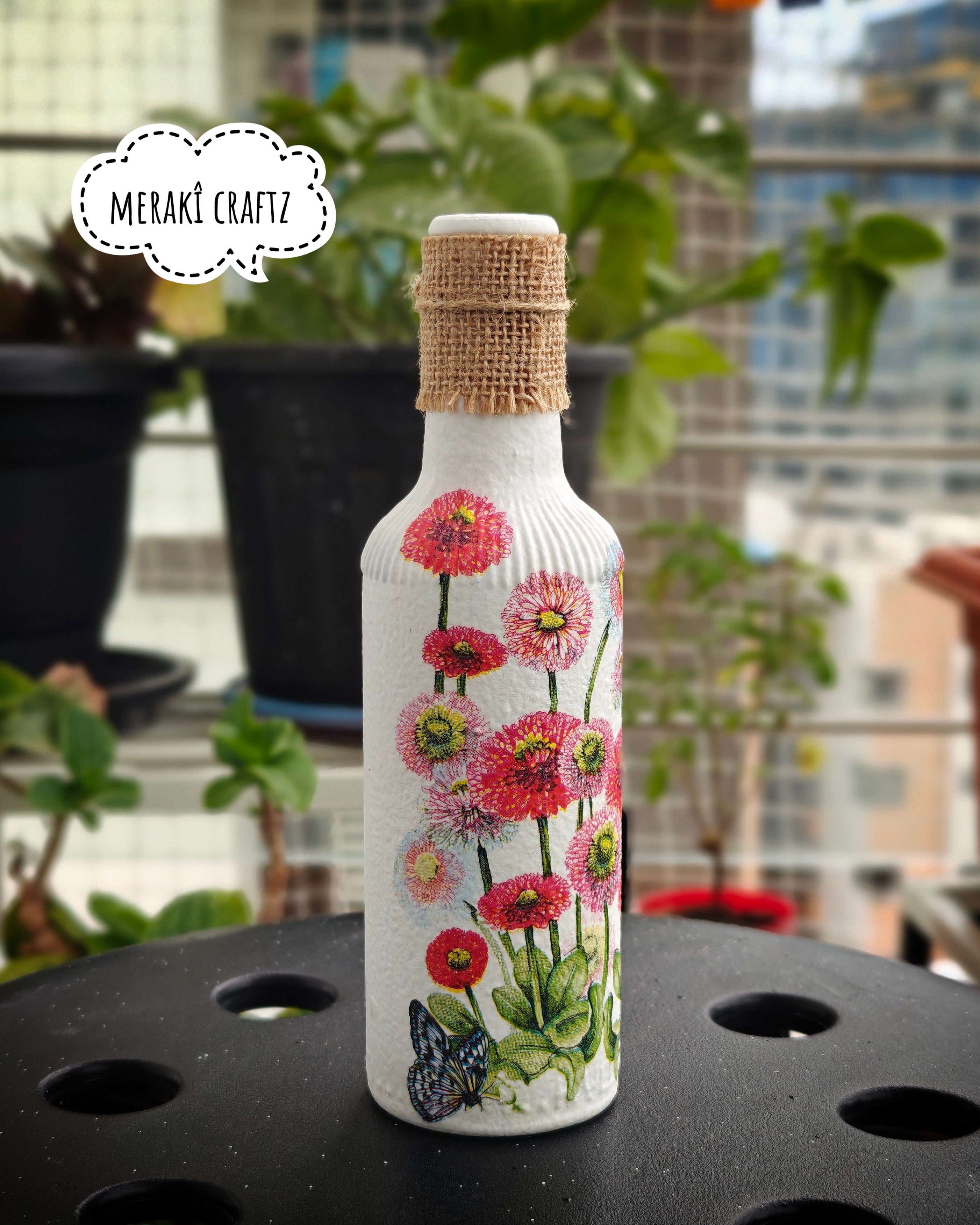 Upcycled Decorative Decoupaged Glass Bottle – Daisy Meadow Delight