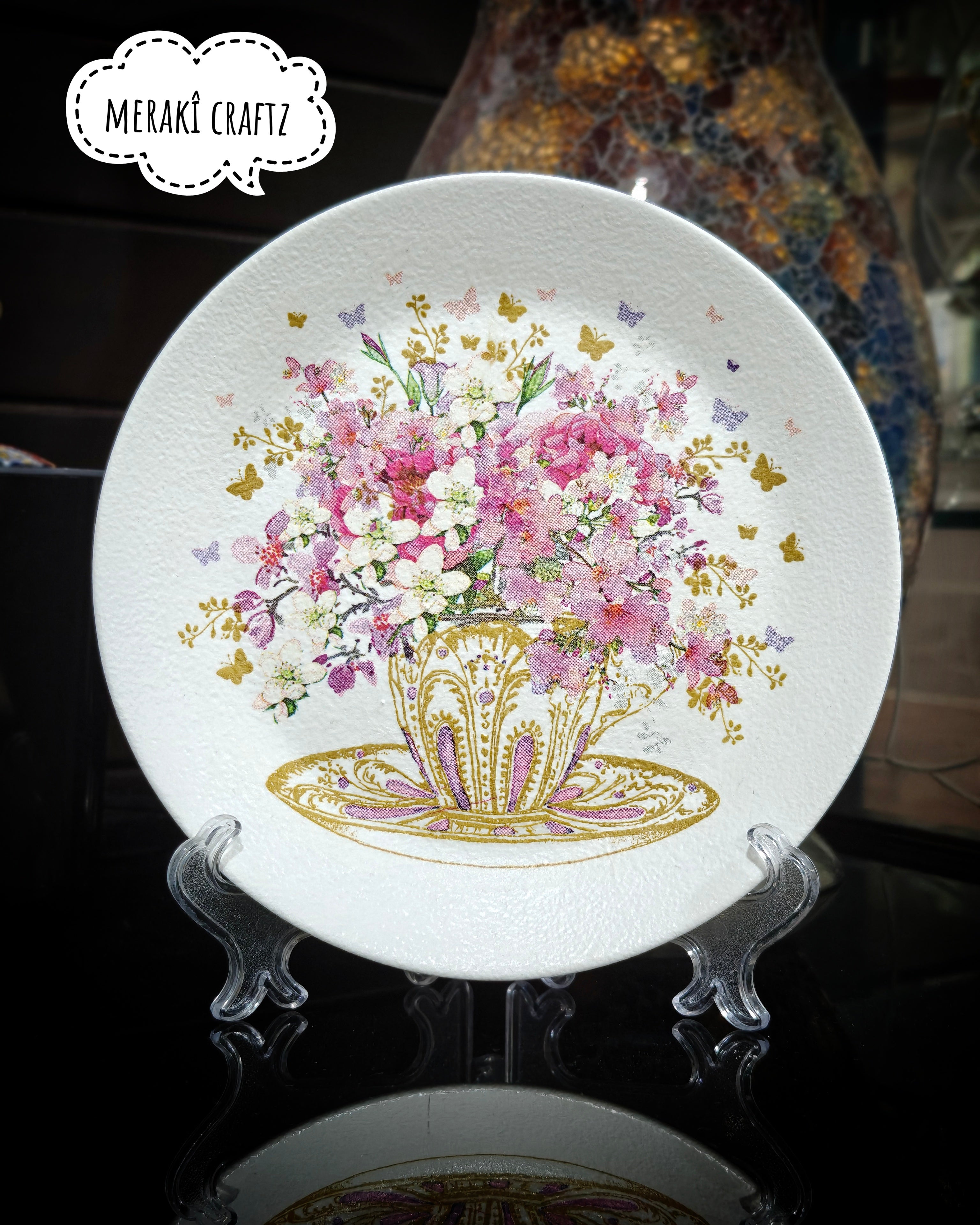 Handcrafted Decoupaged Glass Decorative Plate – Floral Teacup Blossom