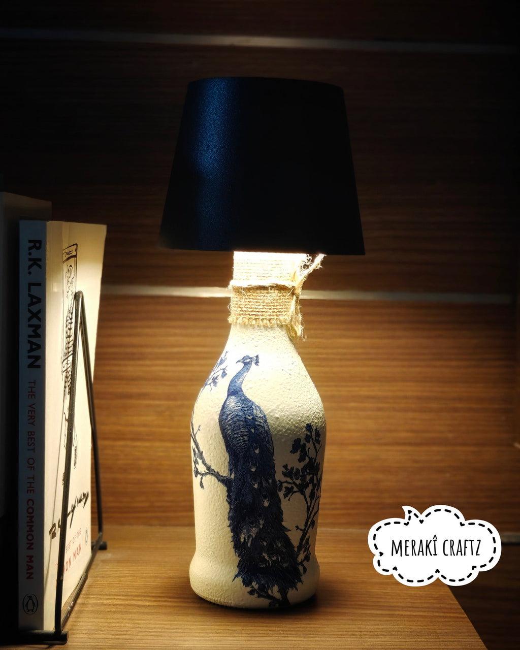 Upcycled Decorative Decoupaged Glass Bottle – Peacock Elegance
