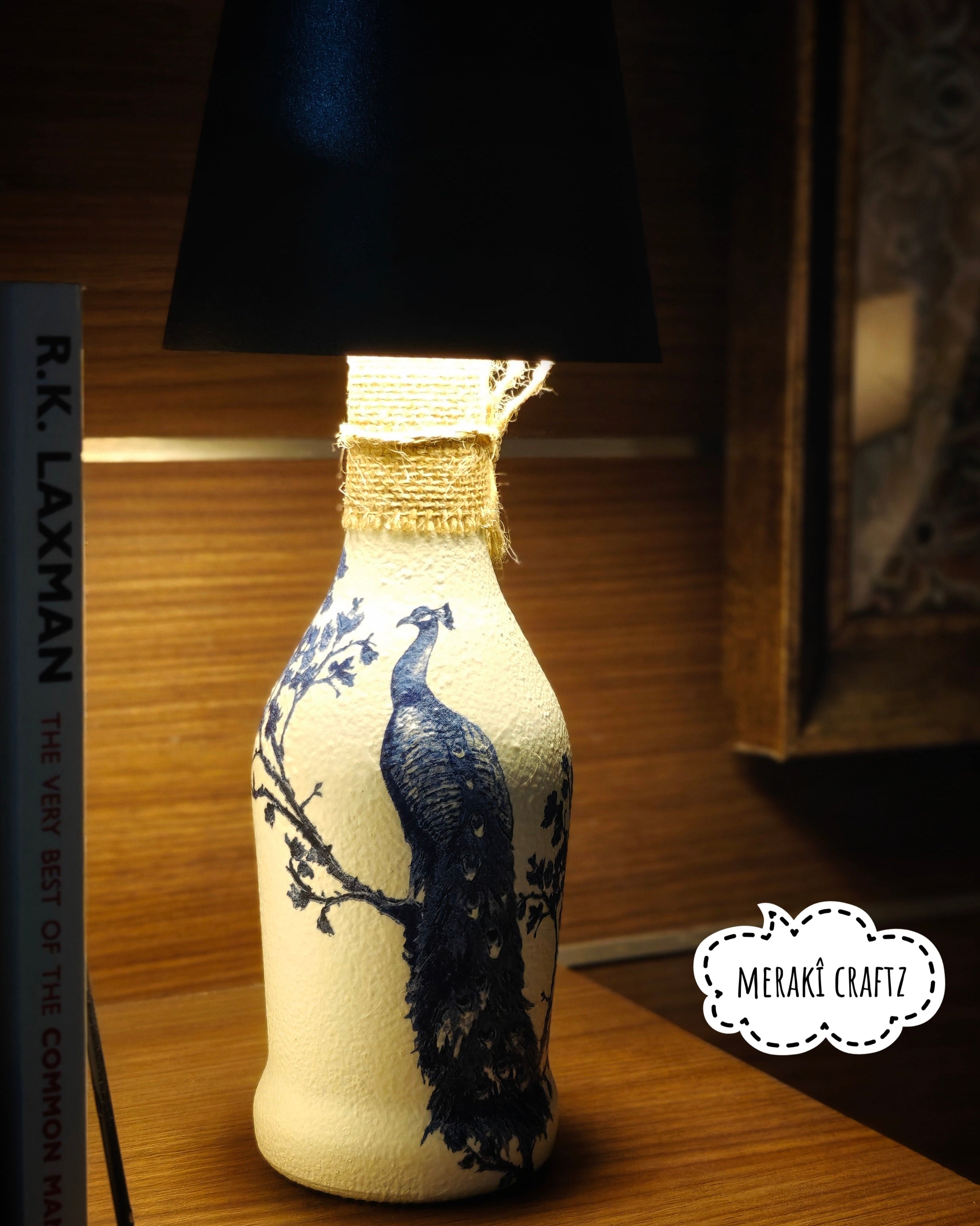 Upcycled Decorative Decoupaged Glass Bottle / Table Lamp – Peacock Elegance