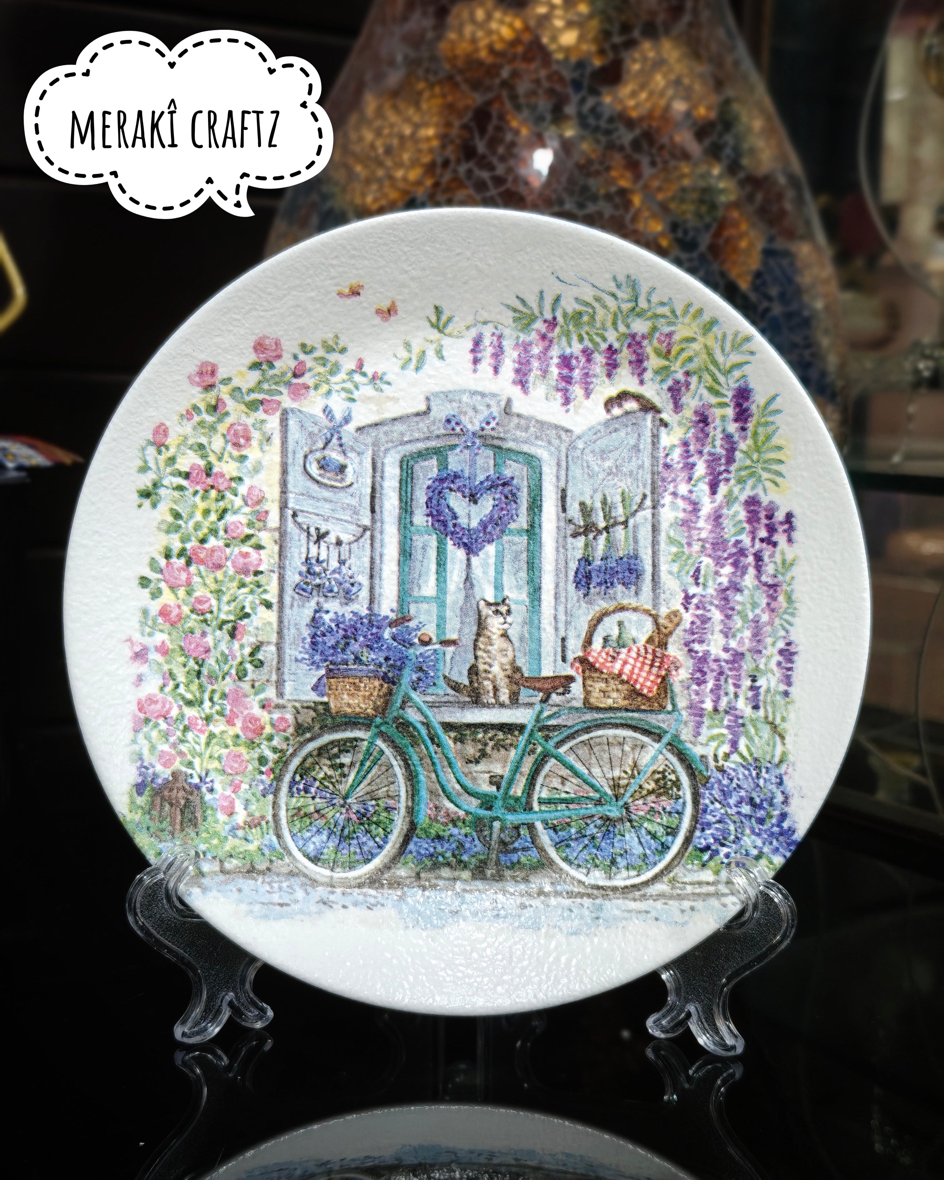 Handcrafted Decoupaged Glass Decorative Plate – Lavender Cat