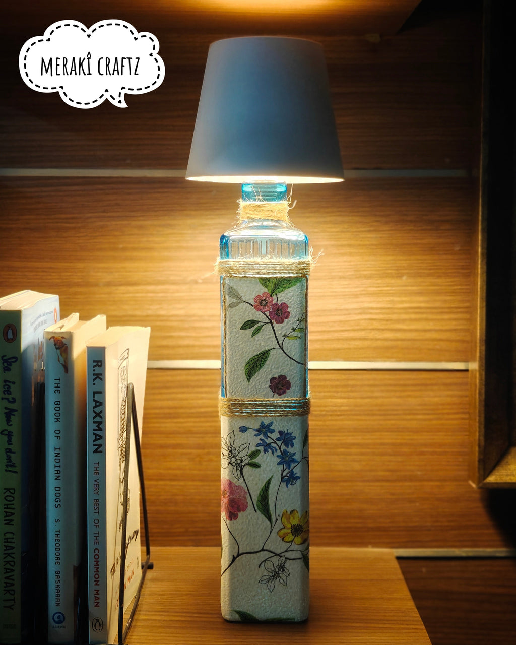 Upcycled Decorative Decoupaged Glass Bottle – Botanical Blue Elegance