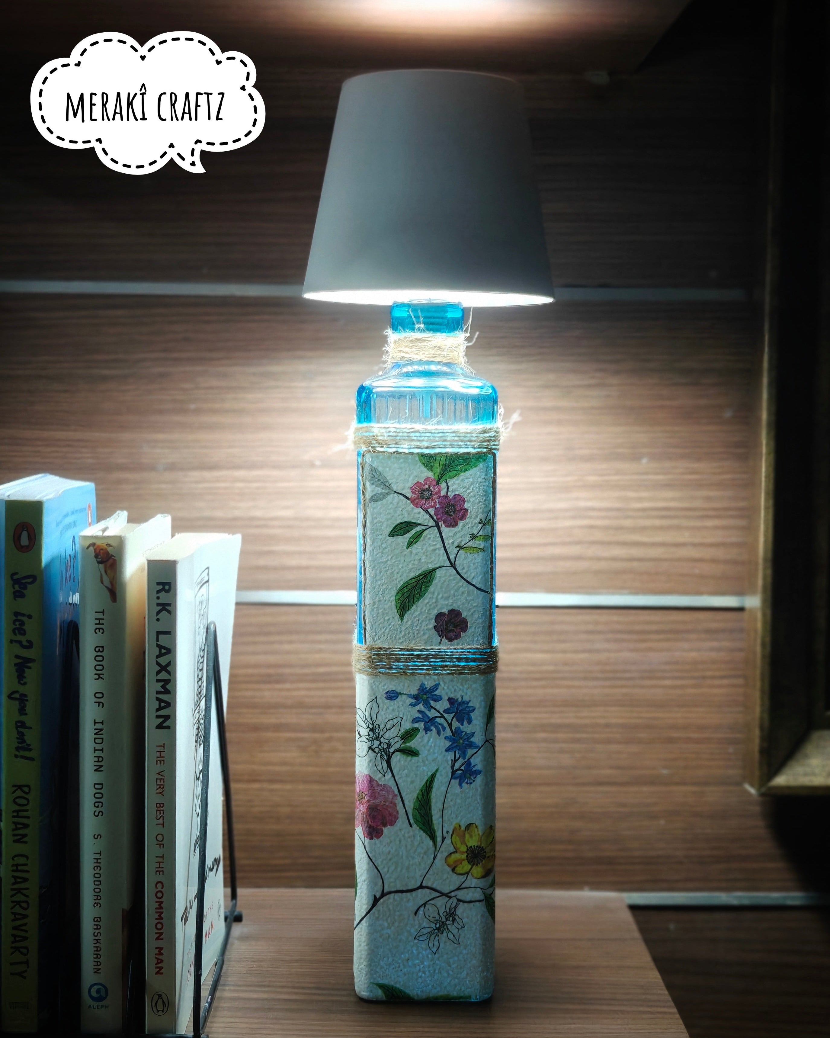 Upcycled Decorative Decoupaged Glass Bottle /Table Lamp – Botanical Blue Elegance