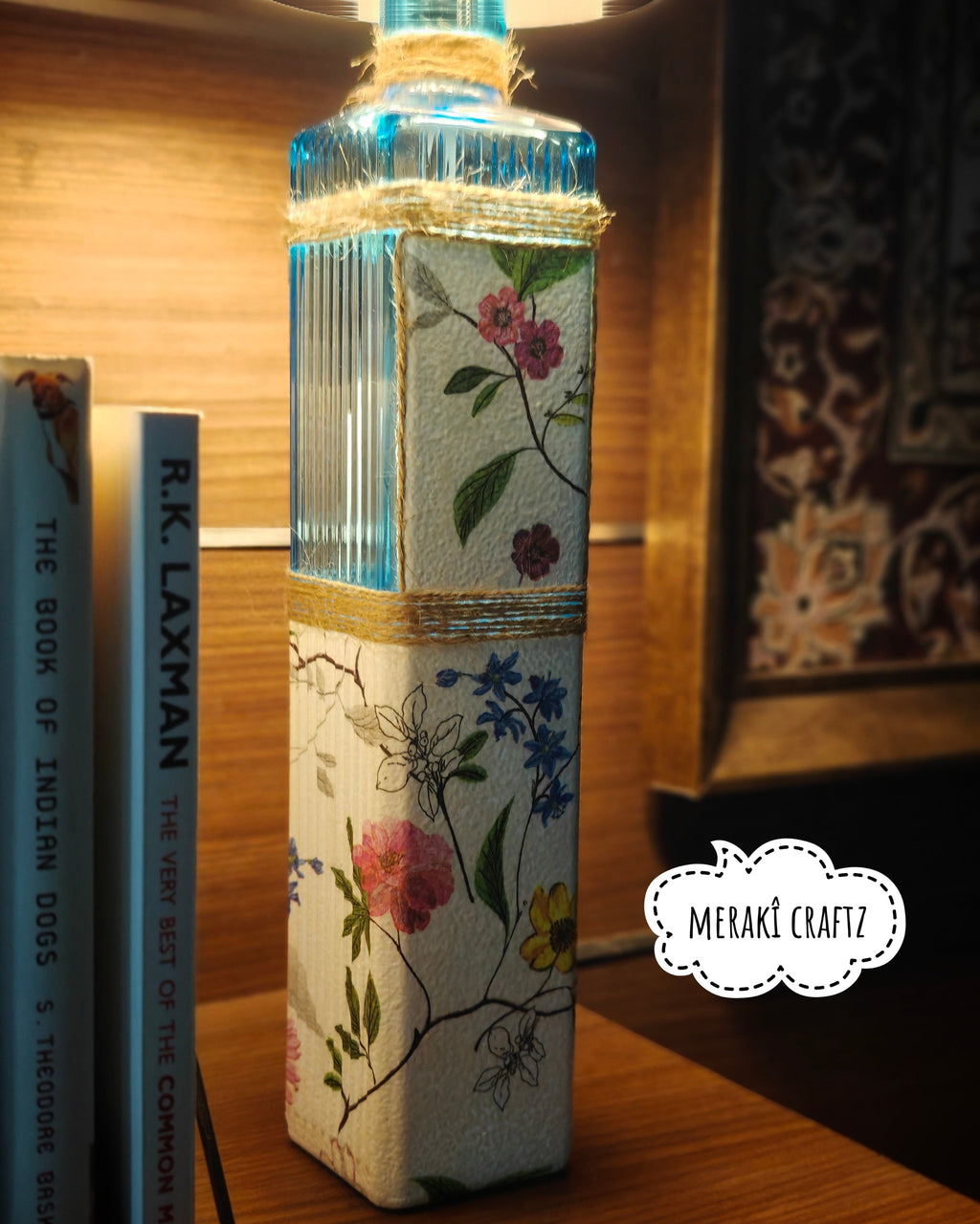 Upcycled Decorative Decoupaged Glass Bottle /Table Lamp – Botanical Blue Elegance
