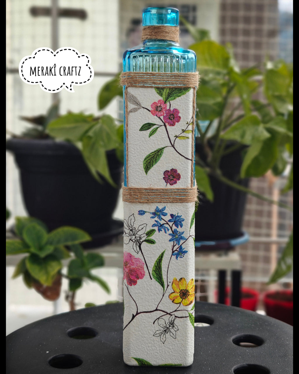 Upcycled Decorative Decoupaged Glass Bottle – Botanical Blue Elegance