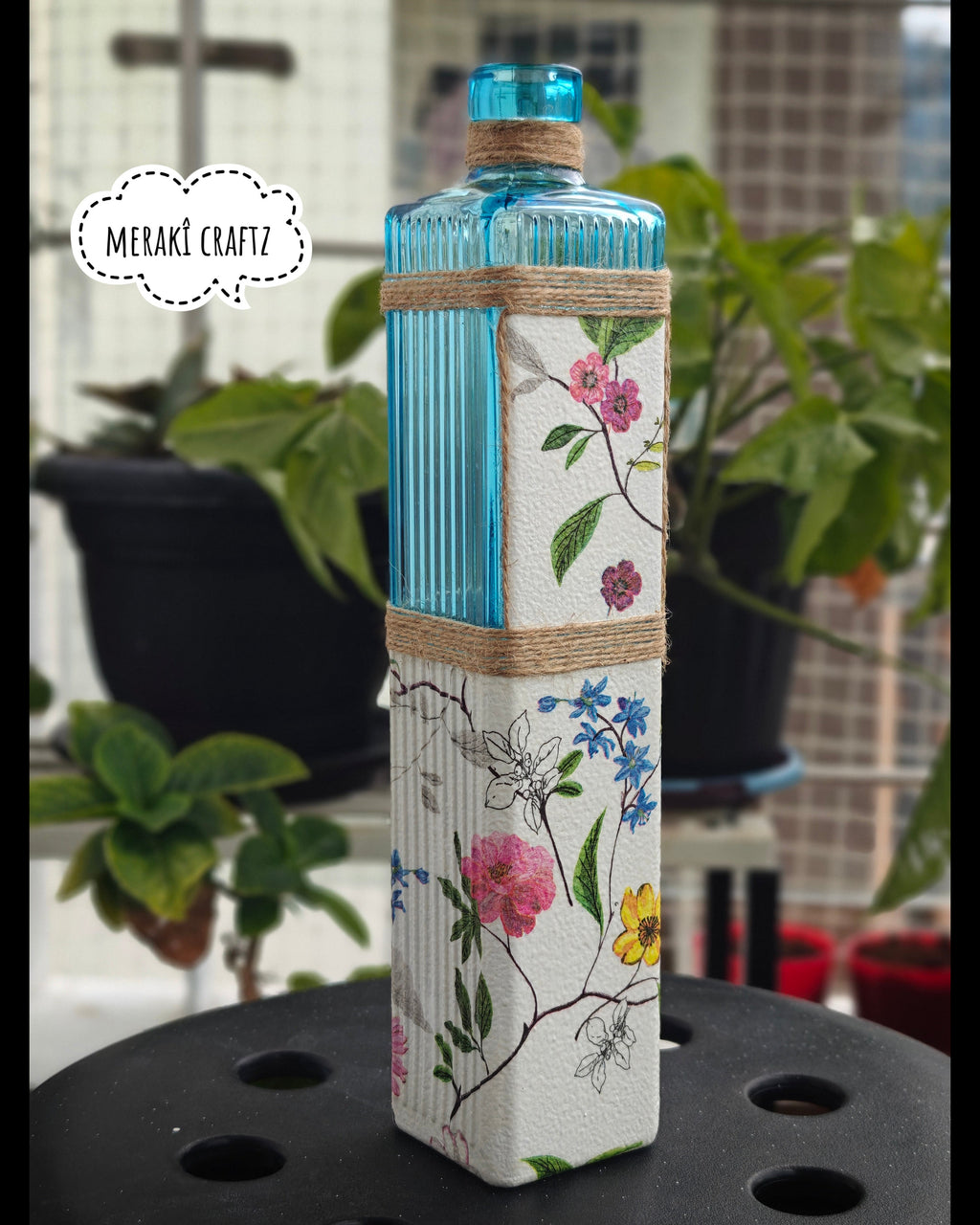 Upcycled Decorative Decoupaged Glass Bottle – Botanical Blue Elegance